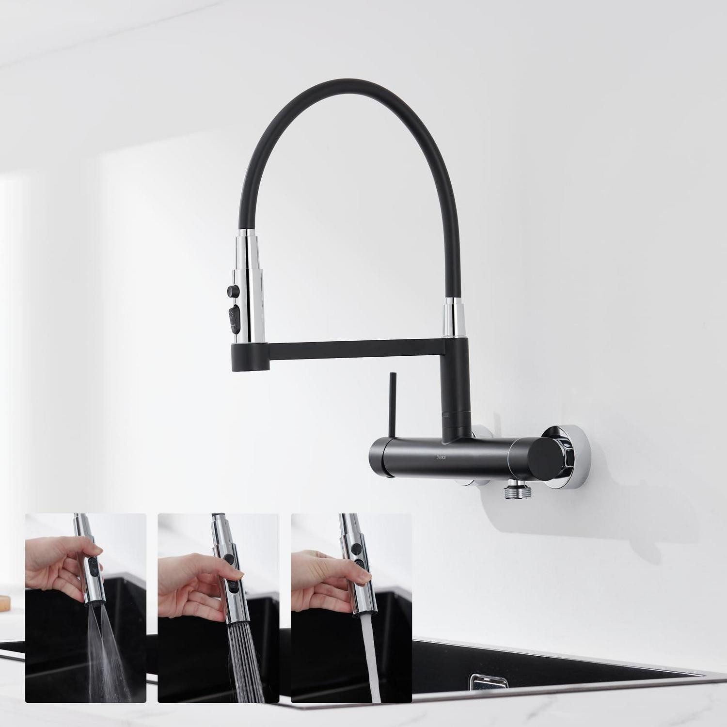 LuxusKollektion Küchenarmatur Wasserhahn Wandmontage 3 4Zoll Anschluss Edelstahl Auslauf Mattschwarz