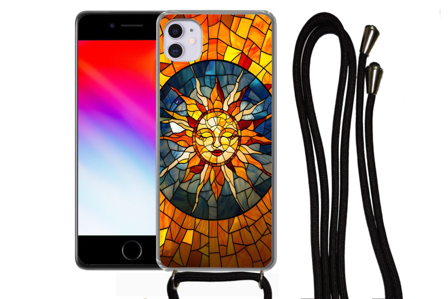 MuchoWow Handyhülle für Apple iPhone 12 Mini Mosaik - Sonne - Gelb - Kreis, Tragbare Handyhüllen mit Kette zum umhängen, Handykette Handyband