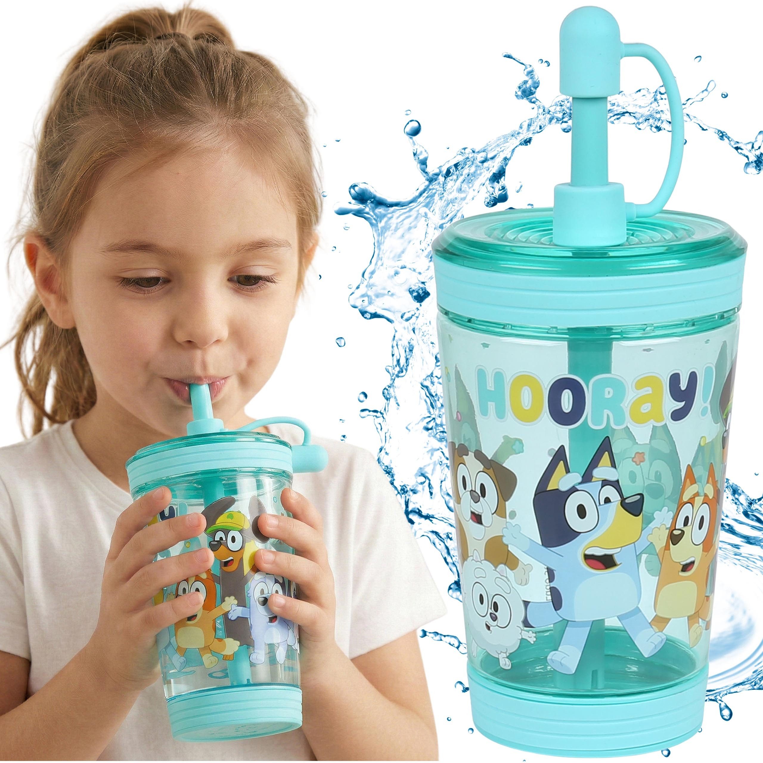 Bluey Trinkflasche BLUEY Becher für kalte Getränke mit Strohhalm, transparent 480 ml