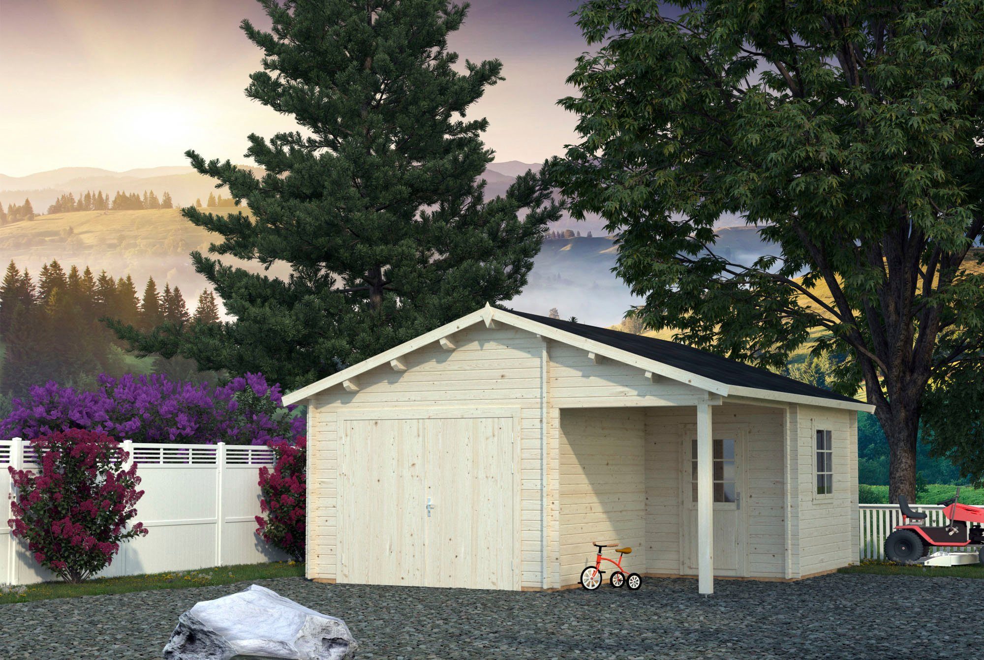 Palmako Garage Roger, BxTxH: 564x601x321 cm, mit Anbau und Holztor, transparent