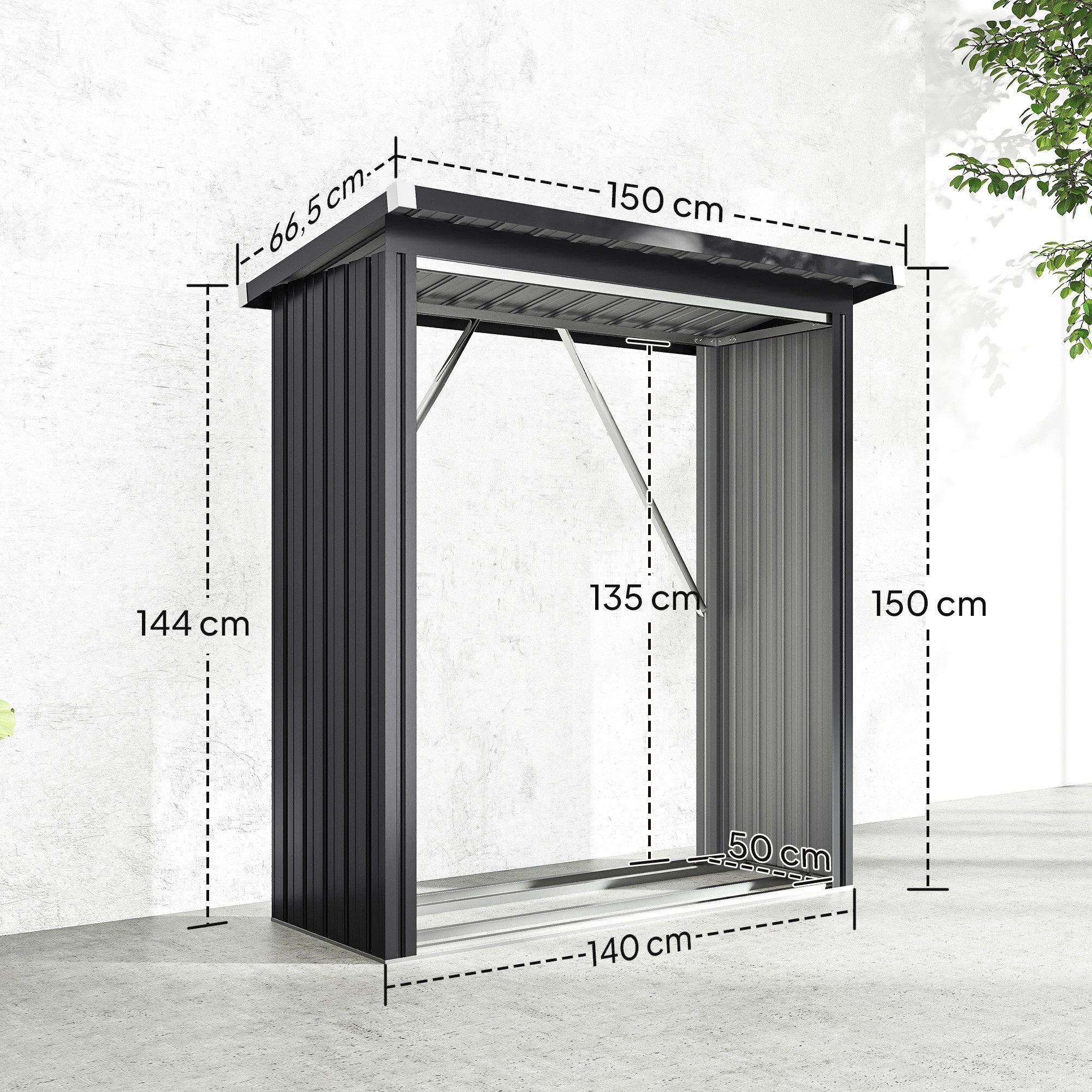 Outsunny Kaminholzregal-Erweiterung Feuerholz-Unterstand, BxTxH:150x66.5x150 cm, (Stahlschuppen, 1-St., erhöhter Boden), Wellblechdach, Dunkelgrau