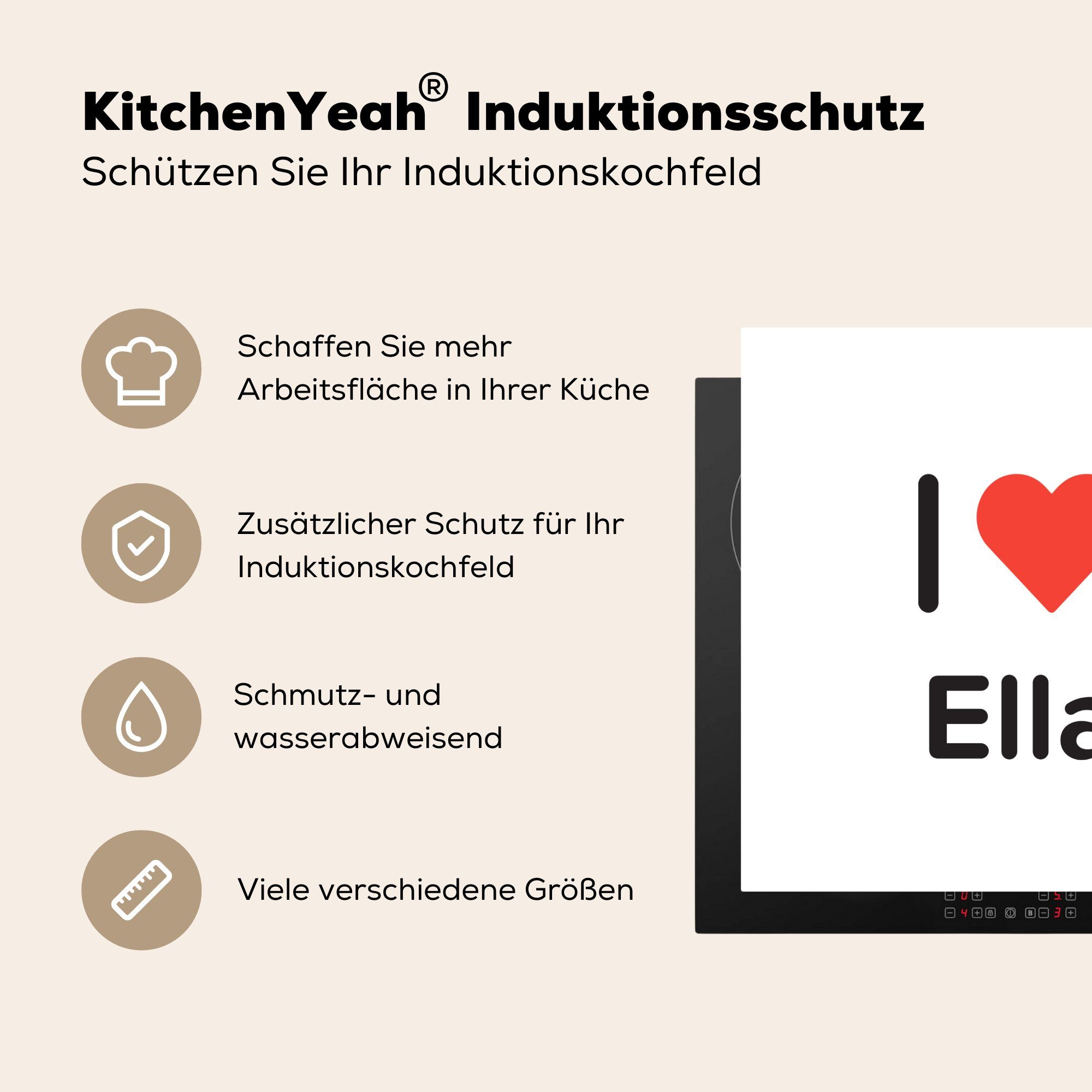 Ella Herdblende-/Abdeckplatte Arbeitsplatte Ich - MuchoWow - Vinyl, tlg), für küche 78x78 liebe cm, Mädchen, Ceranfeldabdeckung, (1