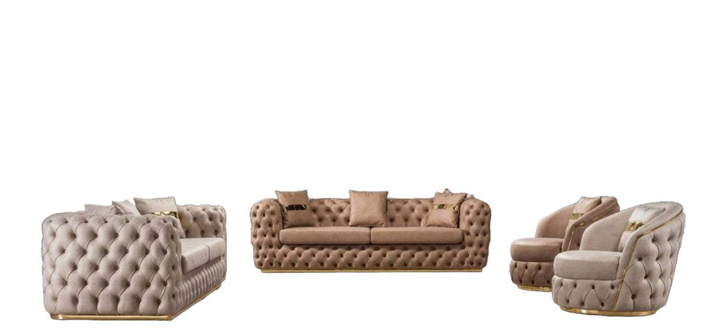 Polstergarnitur Sofagarnitur Chesterfield 3+3+1+1 Sitzer Sofa Sessel in Leder Beige