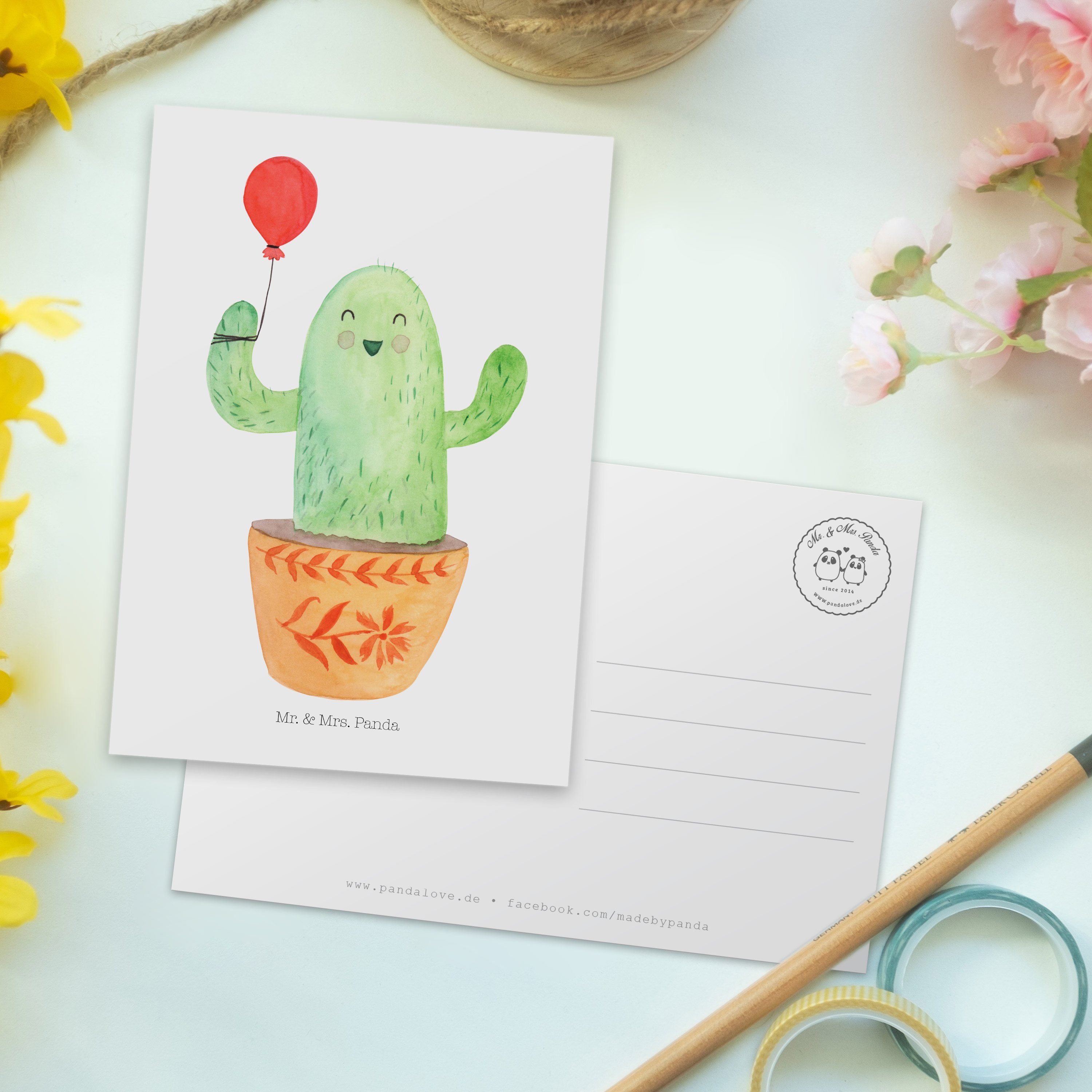 Mr. & Mrs. Panda Ansichtskarte, Geschenk, Einladu Neustart, Kaktus Weiß - Postkarte - Luftballon