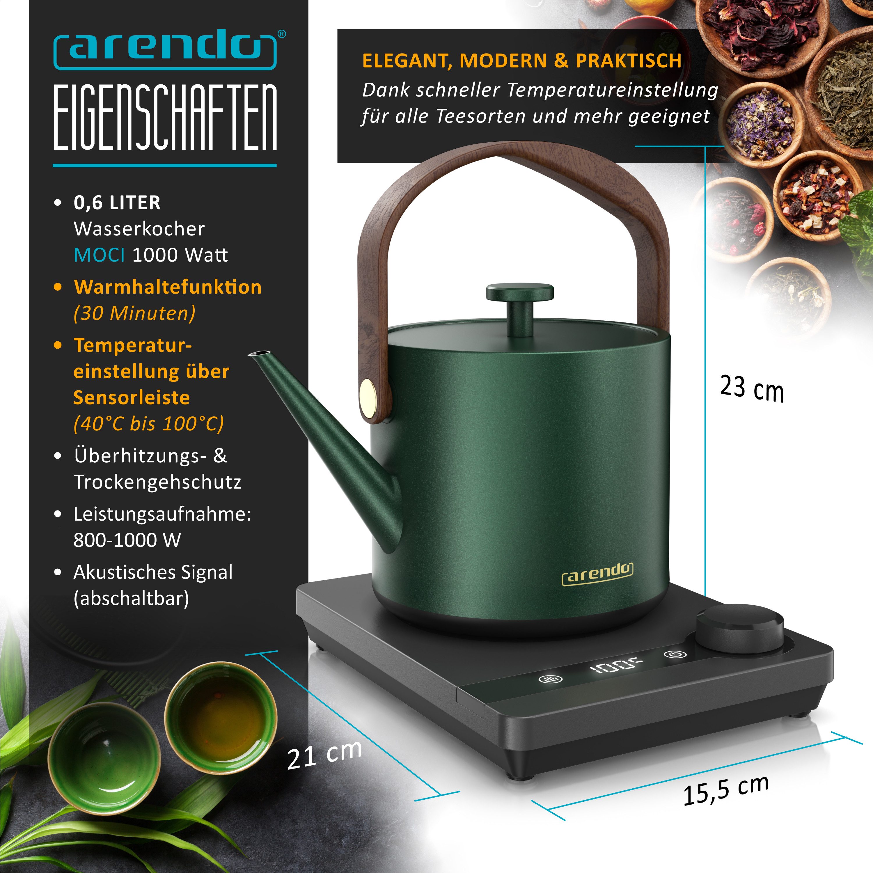 Arendo Wasserkocher Temperatureinstellung 40°-100°C, Edelstahl, Retro, 0.6 l, 1000 W, Schwanenhals‑Ausguss, BPA‑frei, Warmhaltefunktion, Teekocher