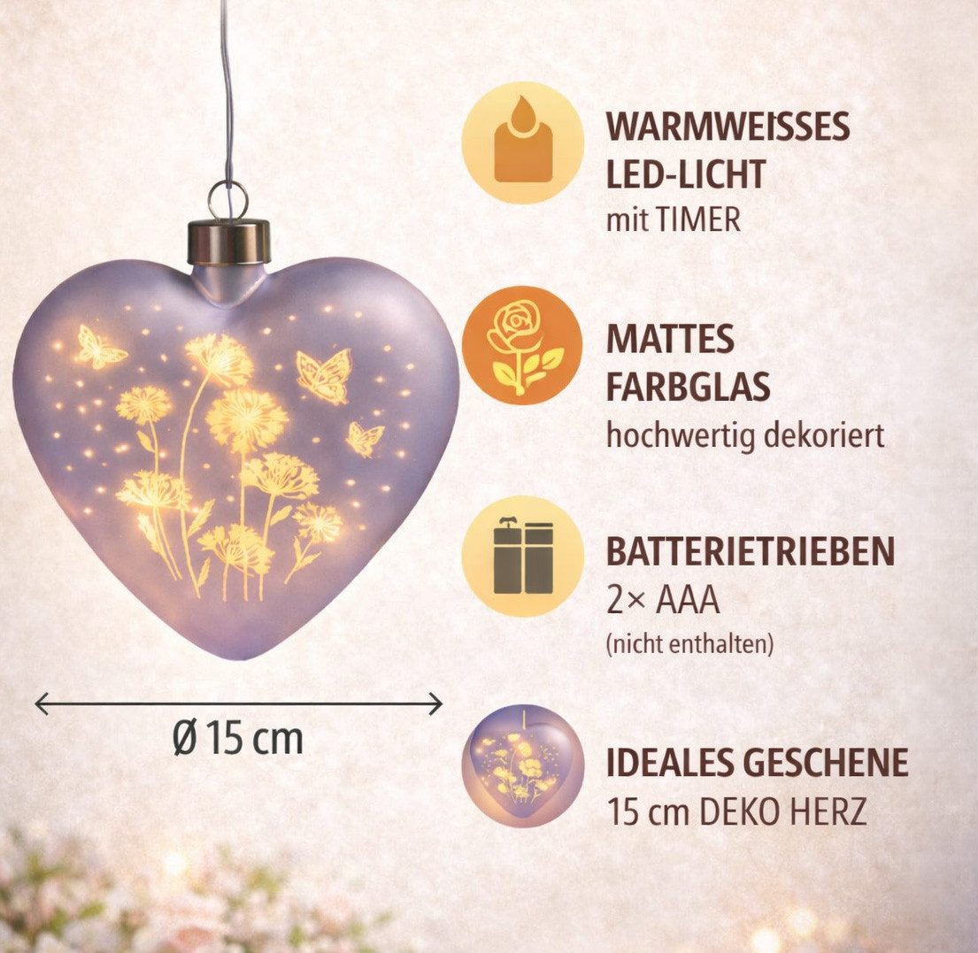 formano Dekolicht LED Deko Hänger Blumenwiese Herz 15x15 cm Glas Deko mit Timer, LED fest integriert – Bild 4 von 5