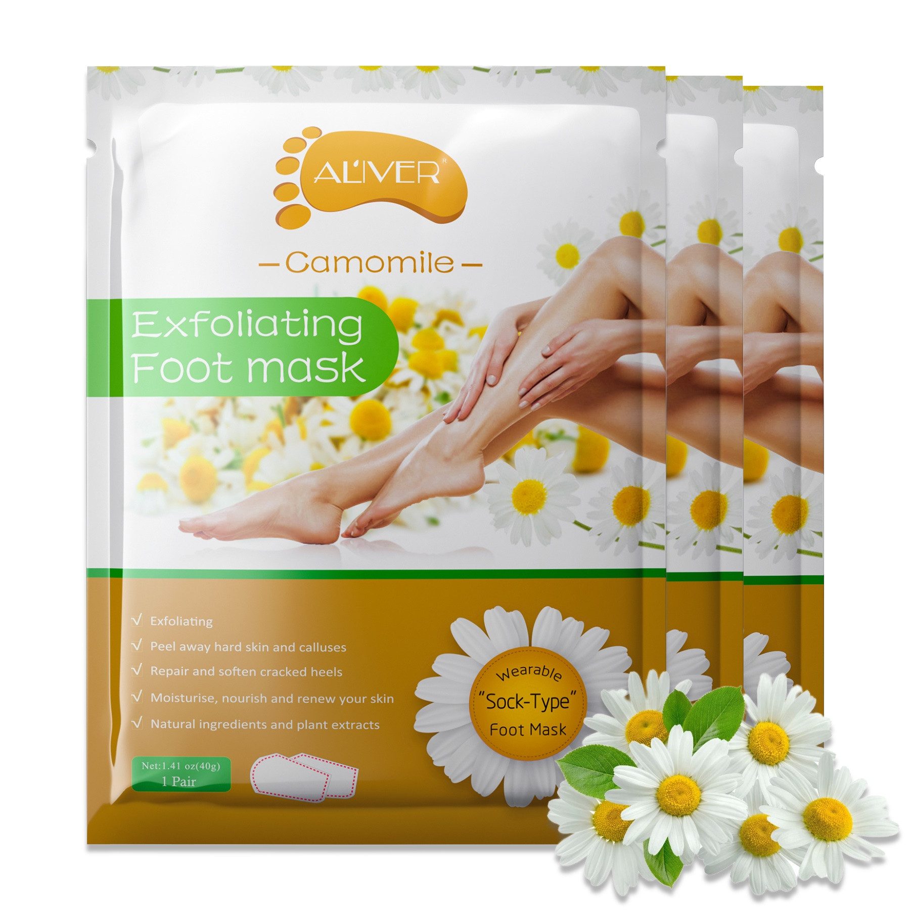 ALIVER Fußmaske Fusspeeling Fußpflege Anti Hornhaut Socken Hornhautentferner Kamille, 3-tlg.