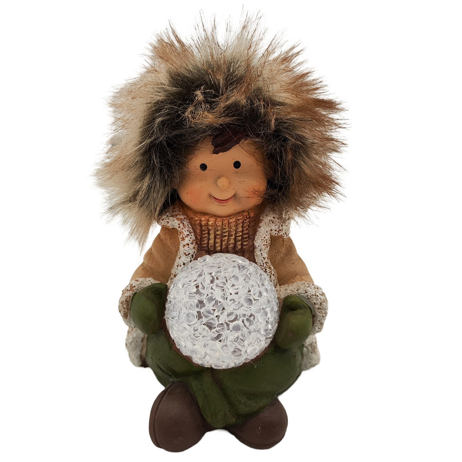 3PAGEN LED Dekoobjekt LED-Winterjunge sitzend mit Schneeball leuchtend Dekofigur Pelzmütze
