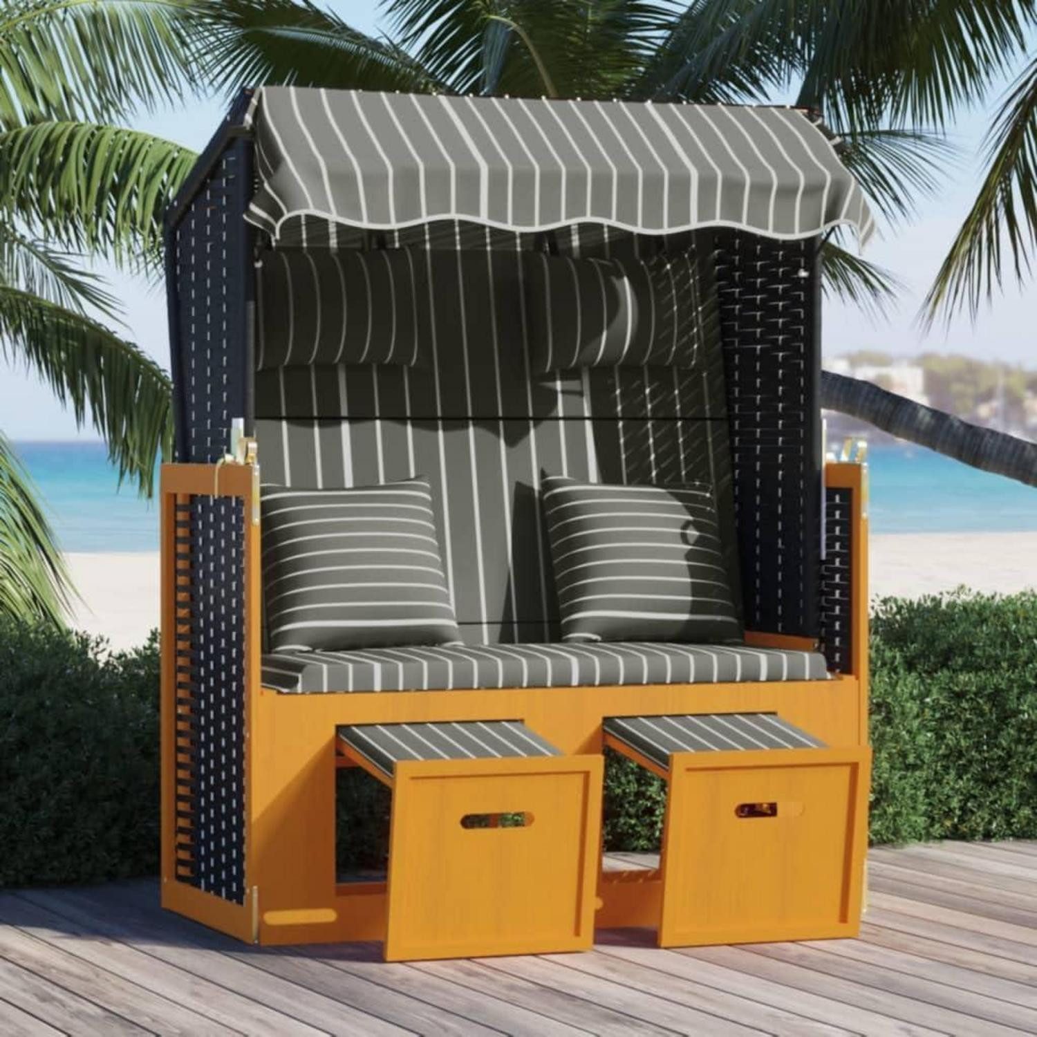 LuxusKollektion Strandkorb Strandkorb Poly Rattan Massivholz Schwarz Grau