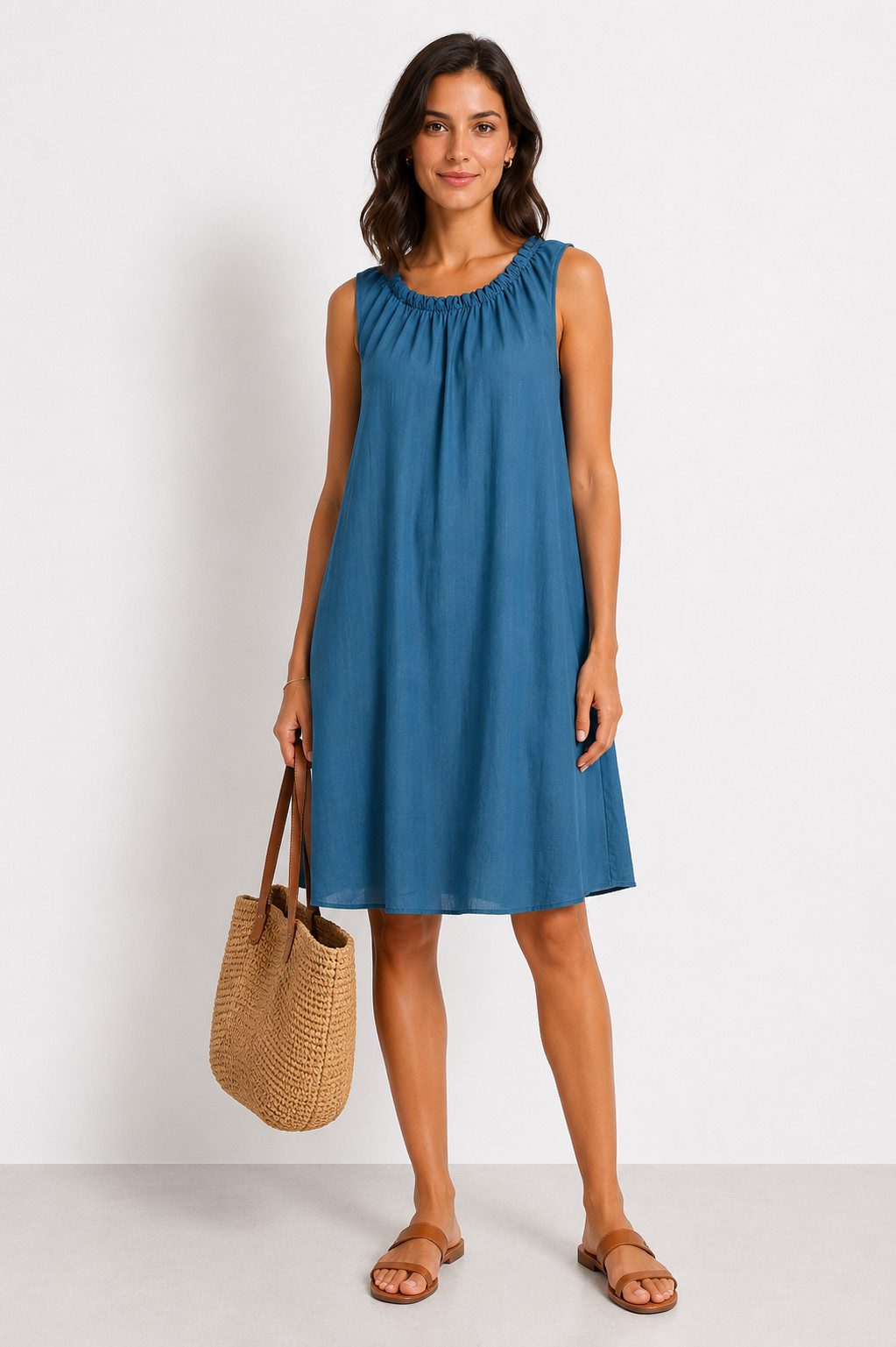 ITALY VIBES Sommerkleid - leichtes Viskosekleid mit gerafftem Kragen - Damen Kleid ONE SIZE - passend für Größen M bis XL