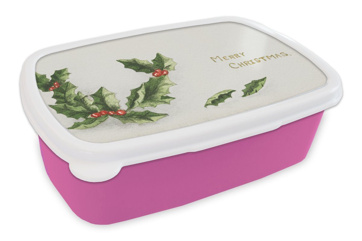 MuchoWow Lunchbox Weihnachten - Stechpalme - Weihnachtsschmuck, Kunststoff, (2-tlg), Brotbox für Erwachsene, Brotdose Kinder, Snackbox, Mädchen, Kunststoff rosa