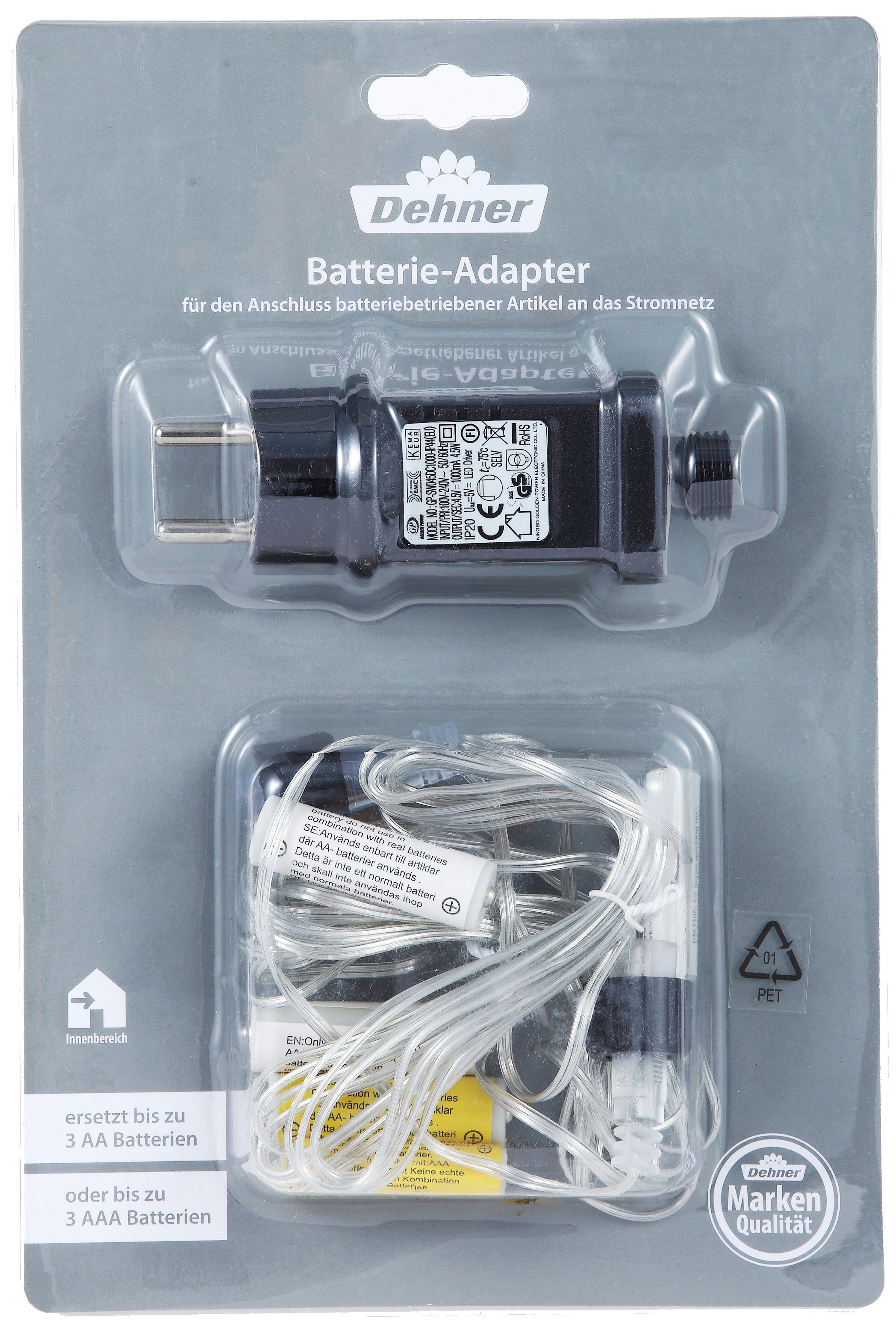 Dehner Lichterkette Batterie-Adapter f. elektronische Kleingeräte mit AA/AAA, 4.5 W, 4.5 V, inkl. 2 x 3 m Zuleitungskabel, für Indooreinsatz, IP 20