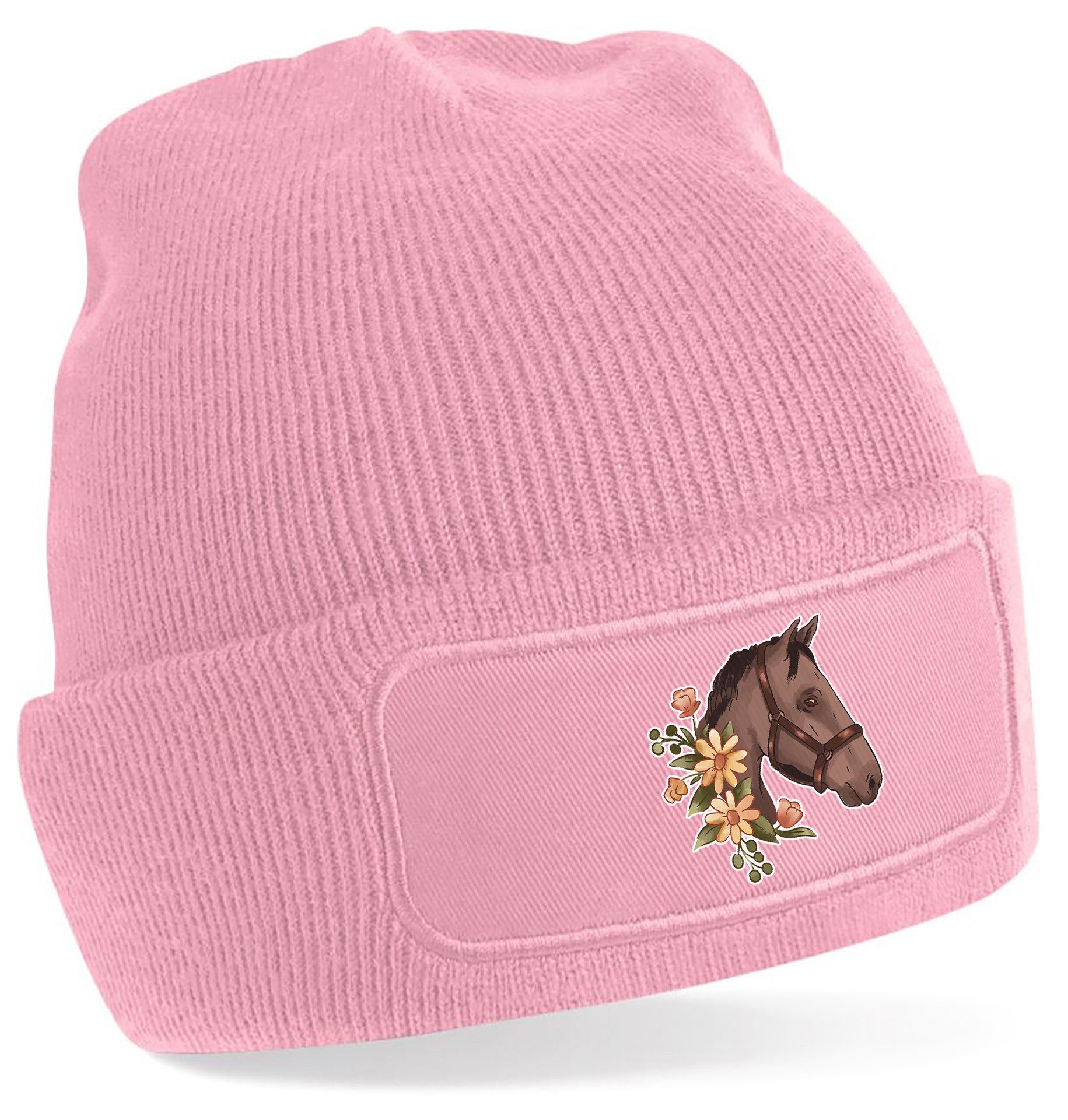 Strickmütze für kalte Tage - Beanie mit Umschlag und Pferdekopf Print
