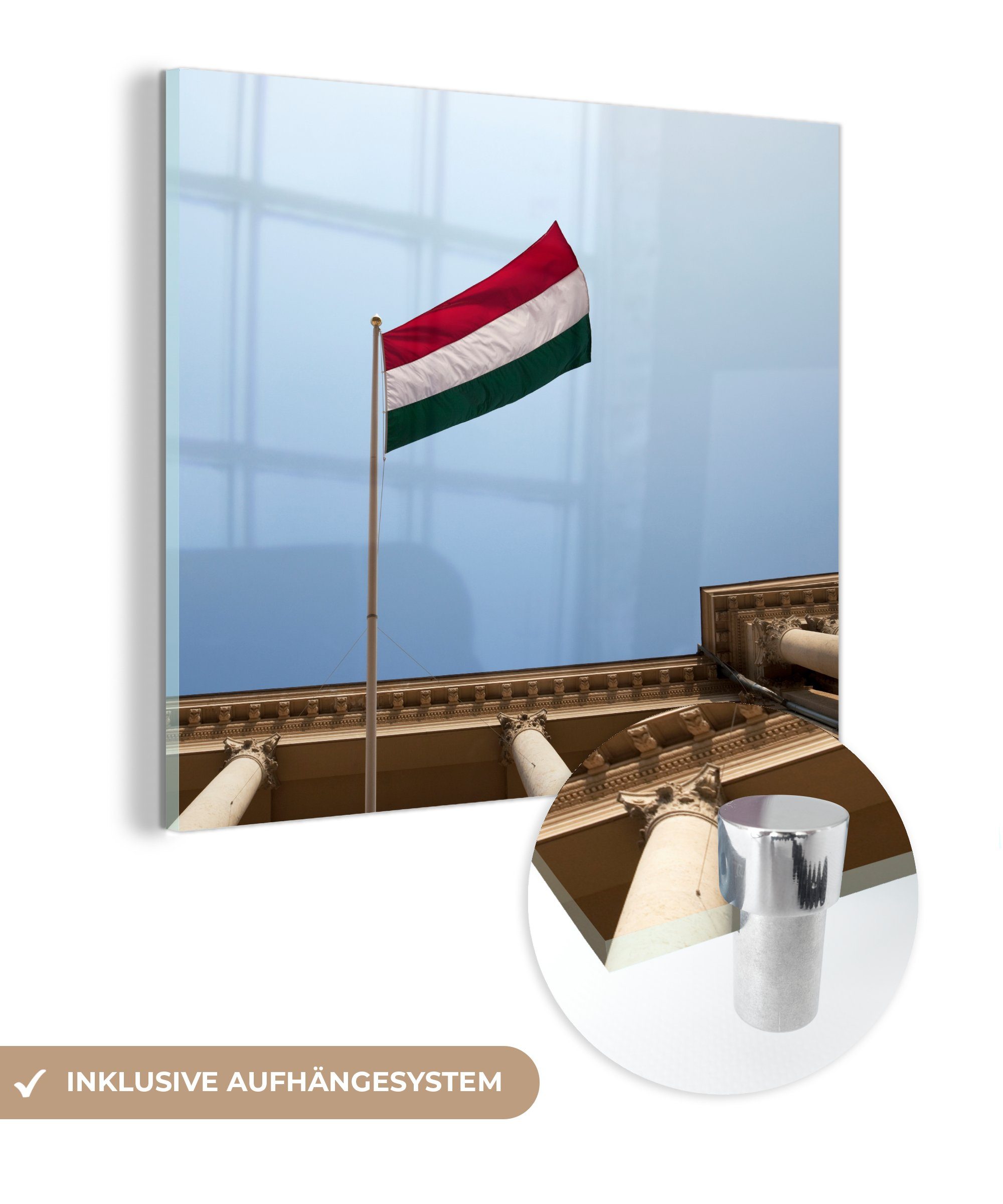 MuchoWow Acrylglasbild Ungarns Nationalflagge weht am Himmel, (1 St), Glasbilder - Bilder auf Glas Wandbild - Foto auf Glas - Wanddekoration