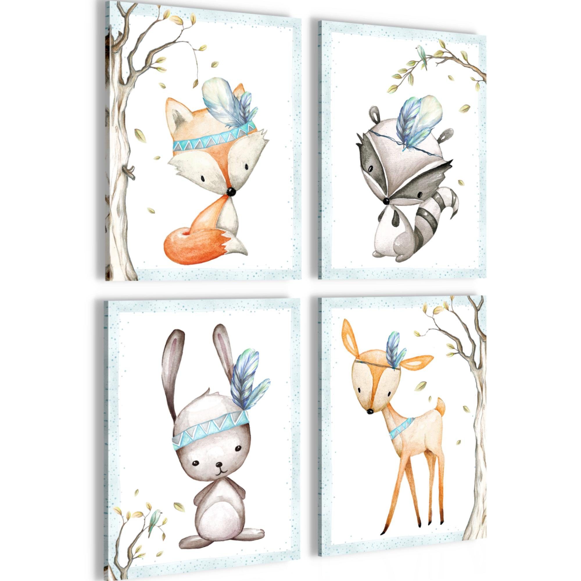 Novart Wandbild Kinderzimmer Tiere Bilder Set 4 Teile 30x40 cm Babyzimmer