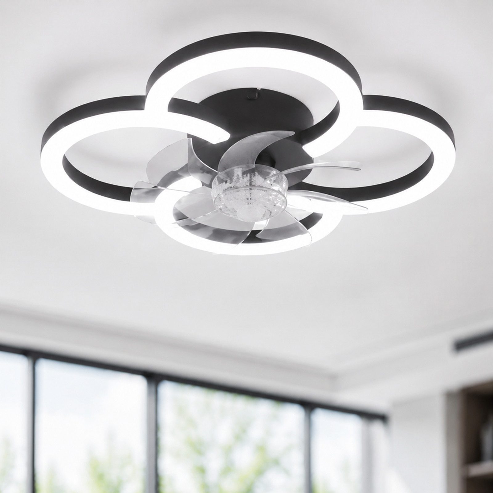 ZMH Deckenventilator Mit Beleuchtung Leise 6-Gang Modern Deckenleuchte Dimmbar Wohnzimmer, Schwarz Timer Wohnzimmerlampe