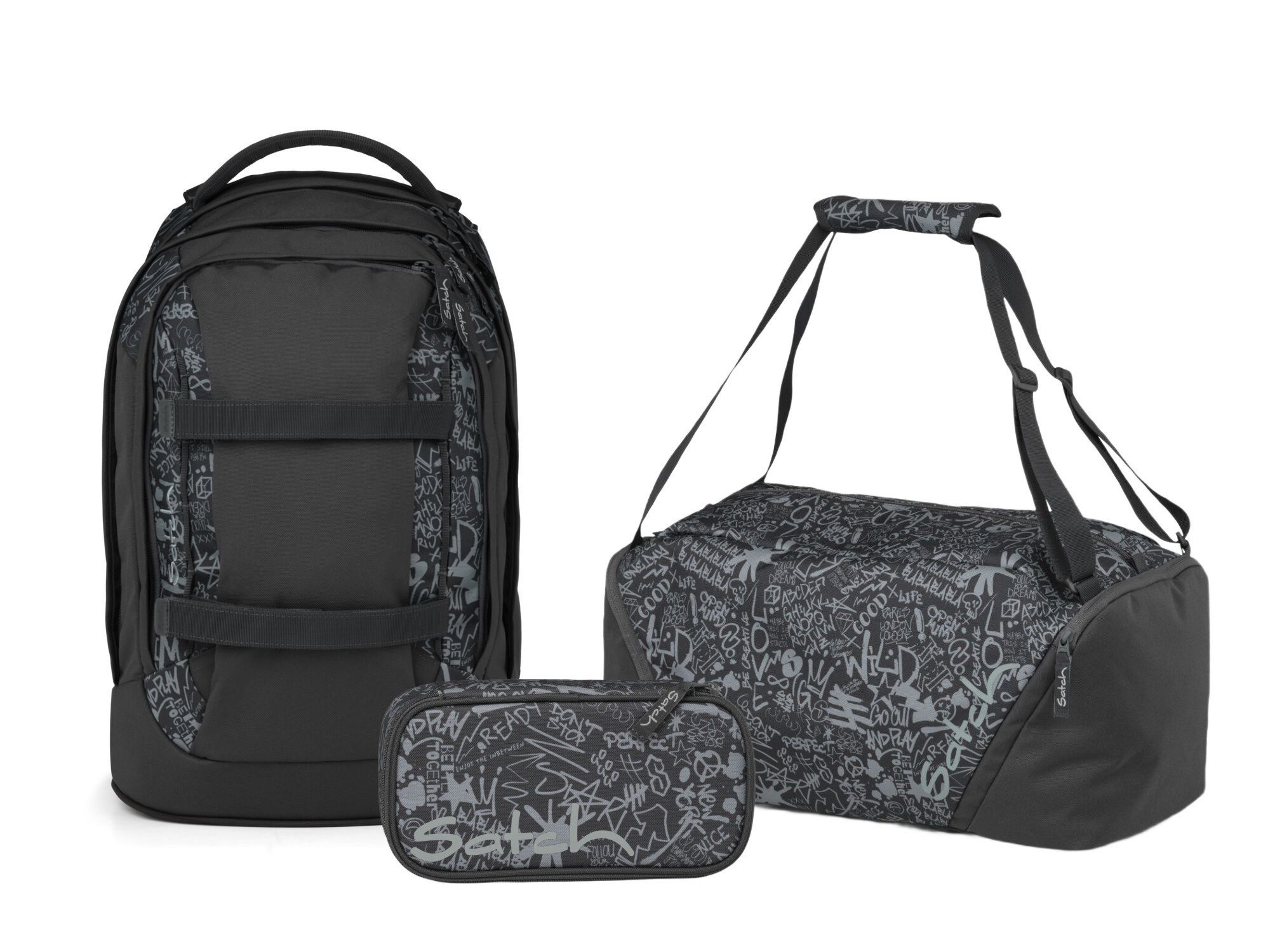 Satch Schulranzen Schulrucksack-Set PACK Street Ink 3-teilig (3-teilig), ergonomisch, Your-Size-System, 5 Fächer