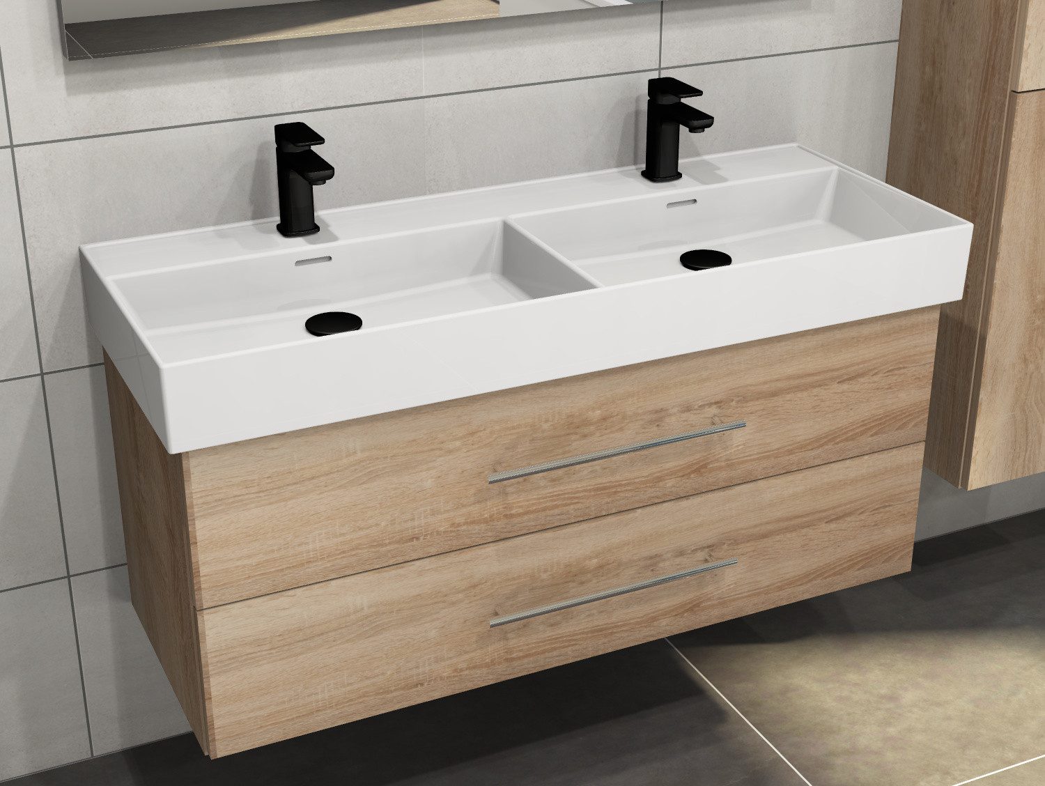 Aqua Bagno Badmöbel-Set Aqua Bagno Flex Badmöbel 120 cm Eiche Gold mit Keramikwaschbecken, (vormontiert, 2-St., Badmöbelschrank lackiert, Keramikwaschbecken), einfache Montage, Skandi