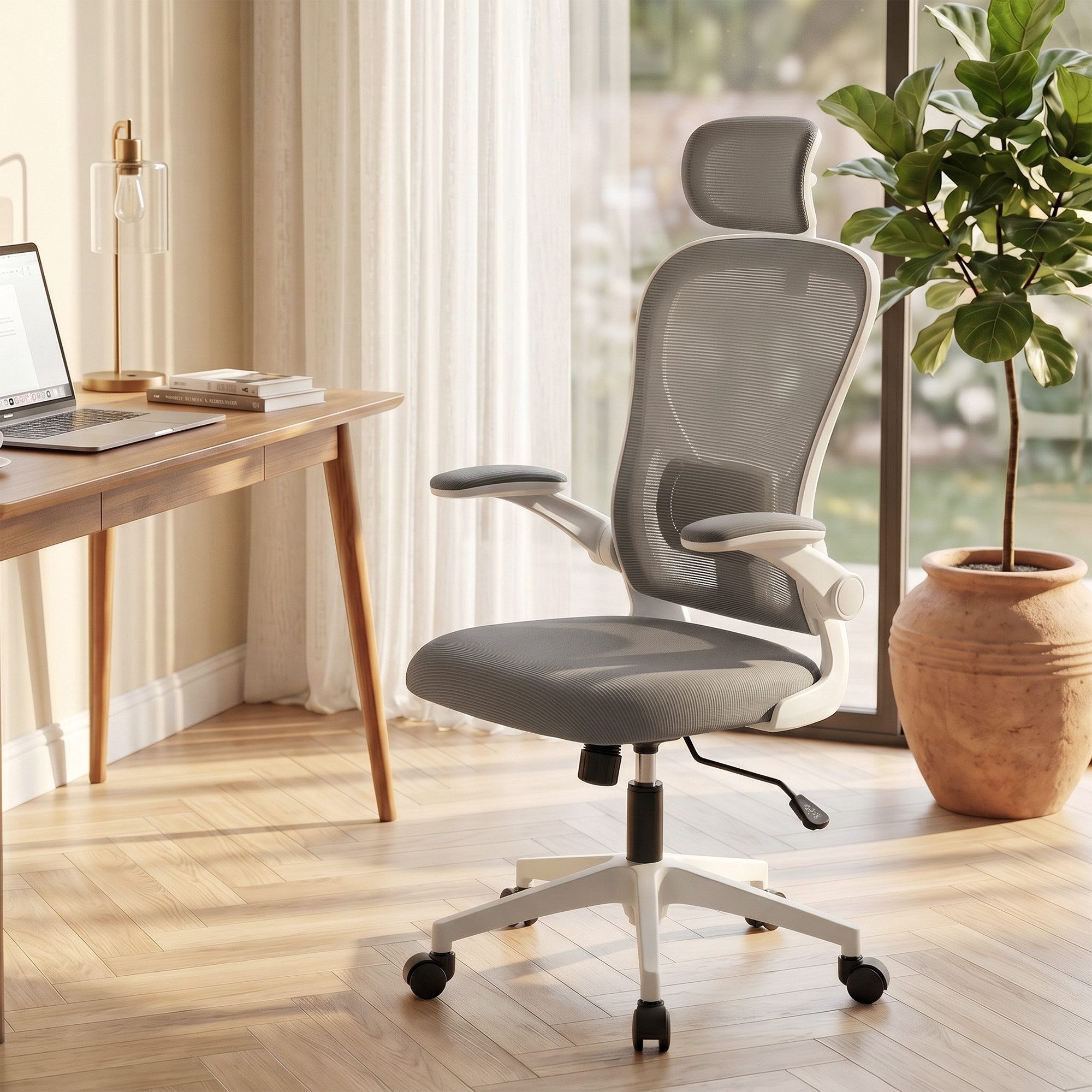 OKWISH Bistrostuhl Ergonomischer Drehstuhl Grau mit verstellbarer Lendenwirbelstütze (Bequemer Arbeitsplatzstuhl für lange Sitzzeiten im Alltag, 1 St), Schreibtischstuhl mit hochklappbaren Armlehnen für Homeoffice