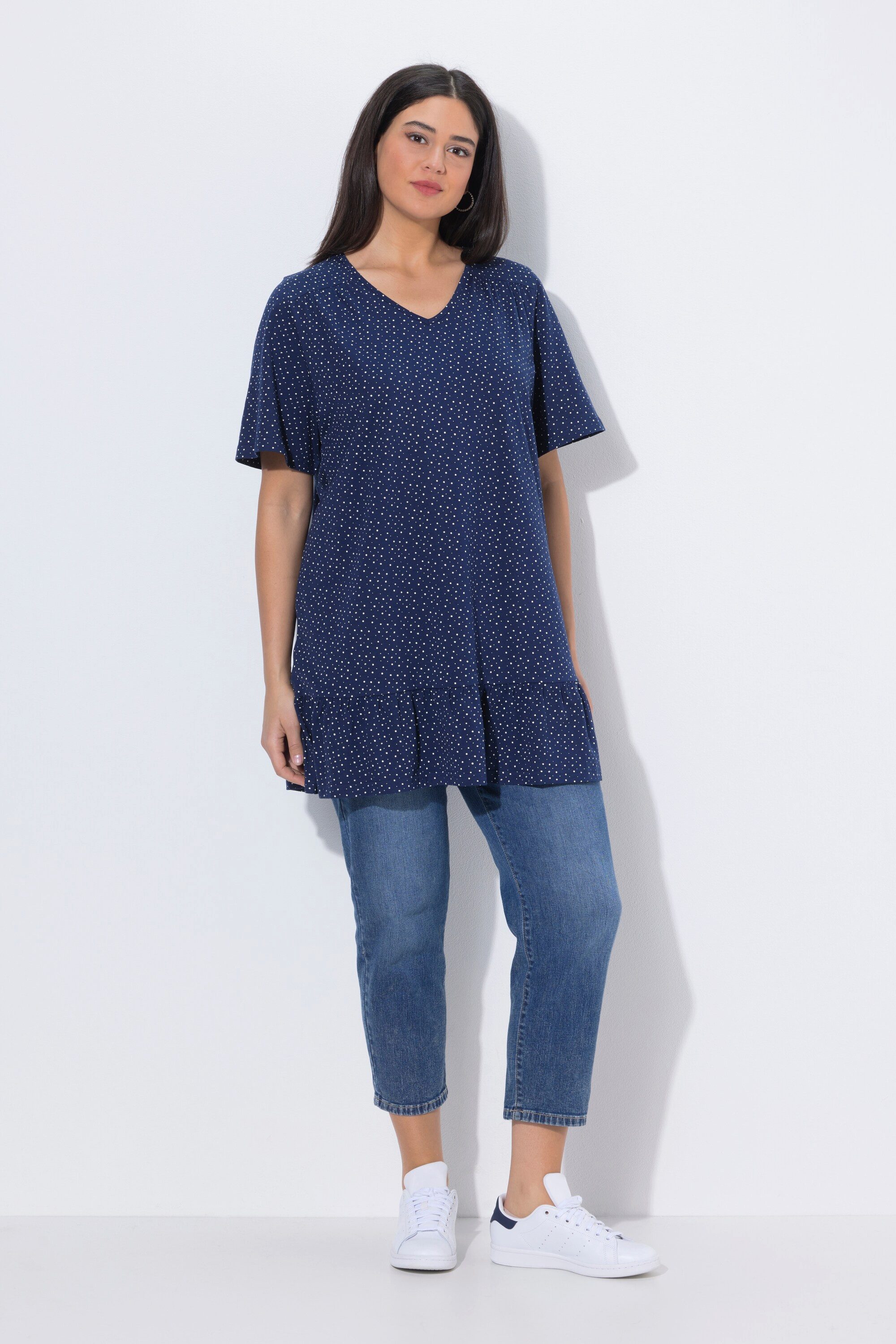 Ulla Popken Longshirt T-Shirt Volant A-Linie V-Ausschnitt günstig online kaufen