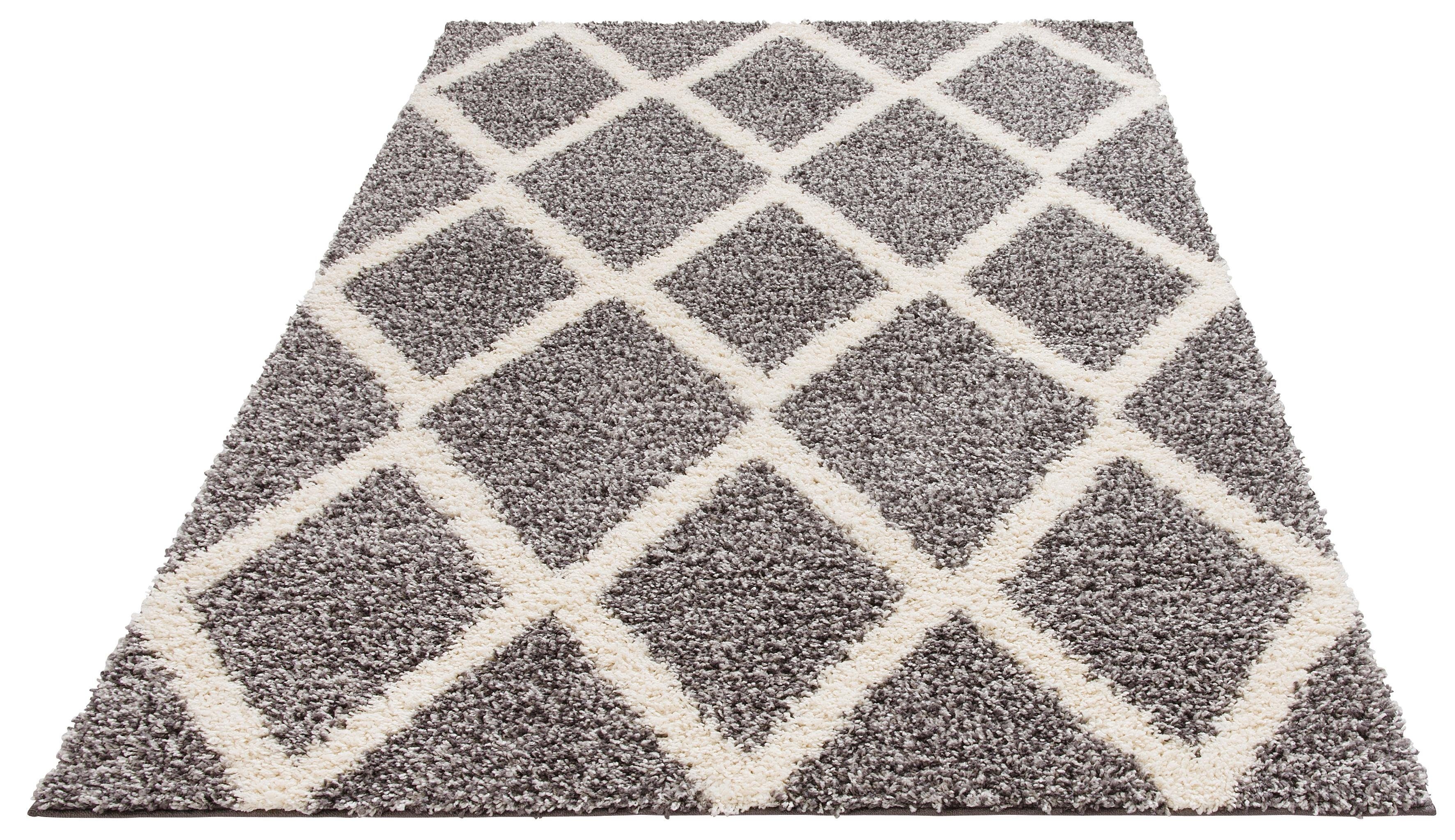 Hochflor-Teppich Linz, my home, rechteckig, Höhe: 31 mm, Rauten Design, Hochflor, besonders weicher Teppich, gewebt, rechteckig grau/weiß