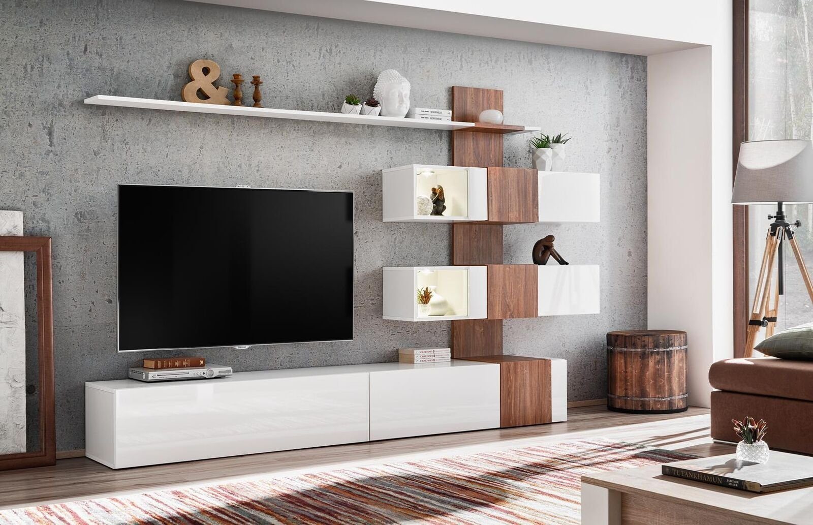 JVmoebel Wohnzimmer-Set Modern Wohnwand Luxus Einrichtung Design TV-Ständer Wand Regale, (6-St., Wohnwand/2x TV-Ständer/2x Regal/2x Wandschrank), Made in Europa