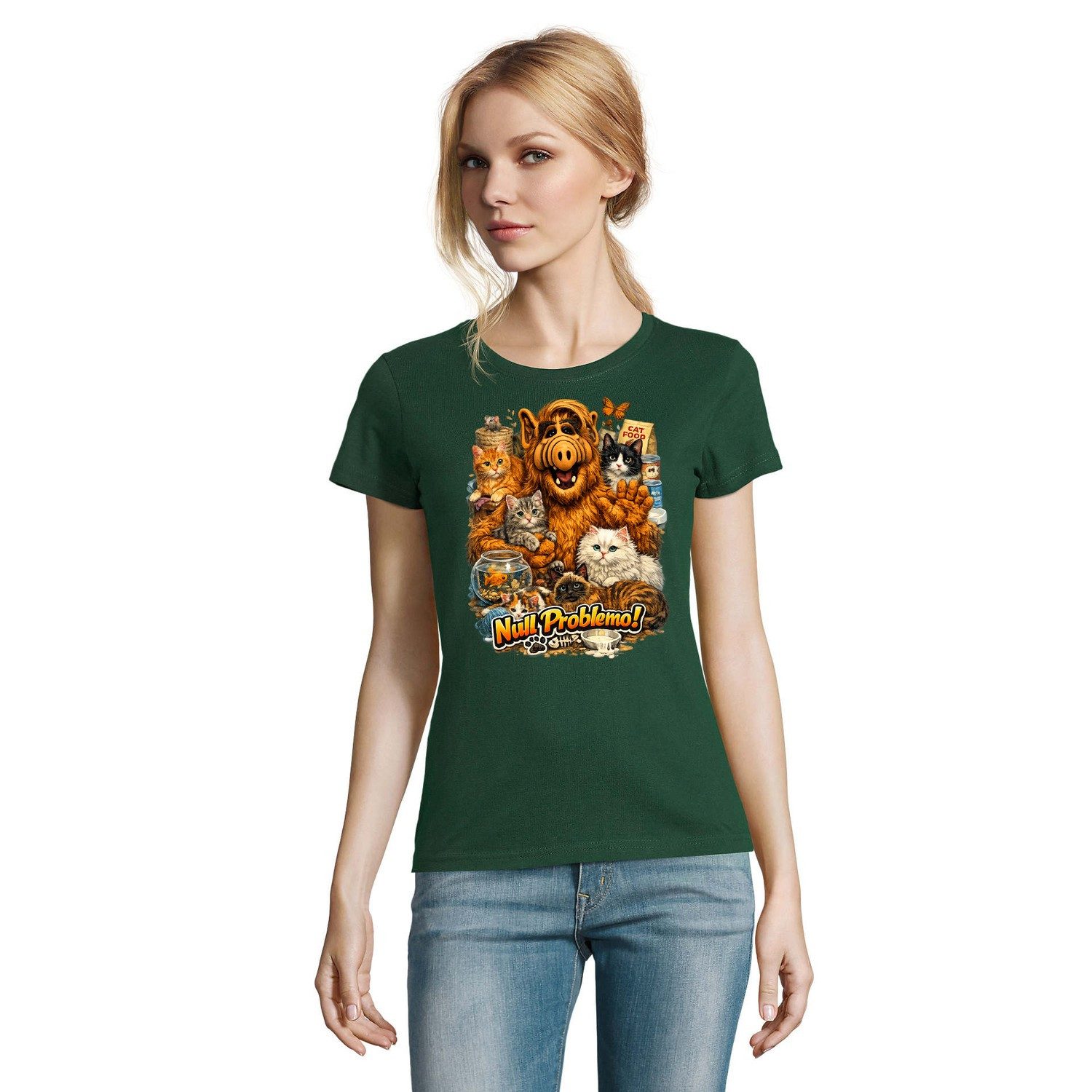 Blondie & Brownie T-Shirt Alien Katzen Damen T-Shirt Null Problemo Comic Print Sci-Fi Geschenk (Einzelstück, Einzelartikel) AlfNullProblemo Damen Comic Tee