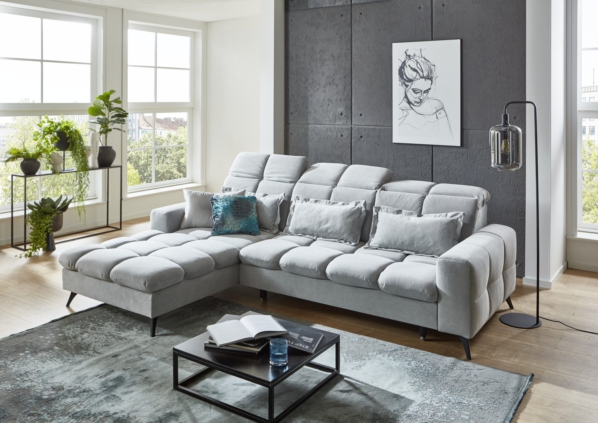 Iwaniccy Polstergarnitur Sitztiefen + Kopfteilverstellung, silbergrau - 286x88x195 (BxHxT)