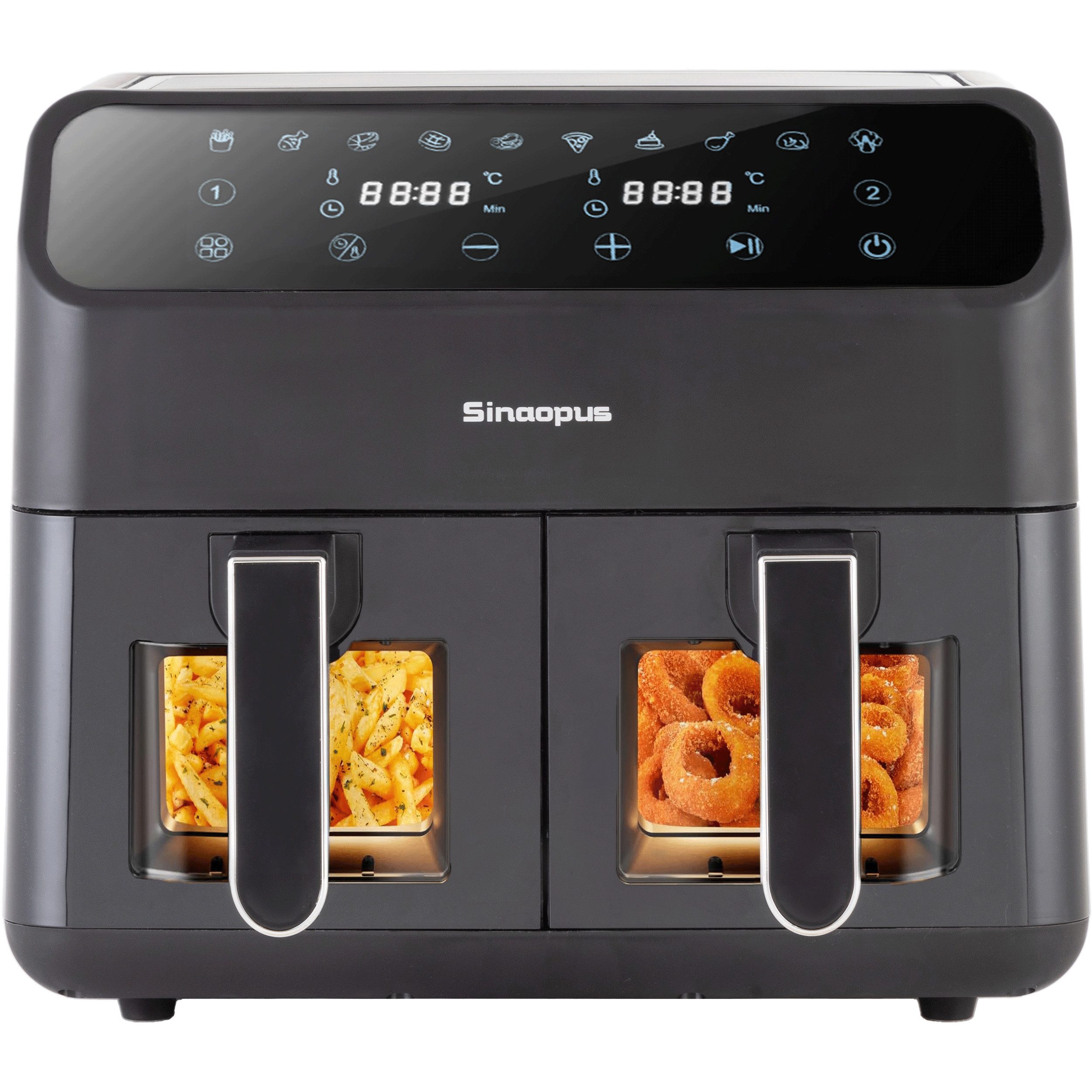 TAB Heißluftfritteuse Airfryer mit Doppelkammer & Sichtfenster, Touchscreen, 10 Programme, 2000,00 W, getrennte Körbe mit Sichtfenster & Licht, synchronisiertes Garen