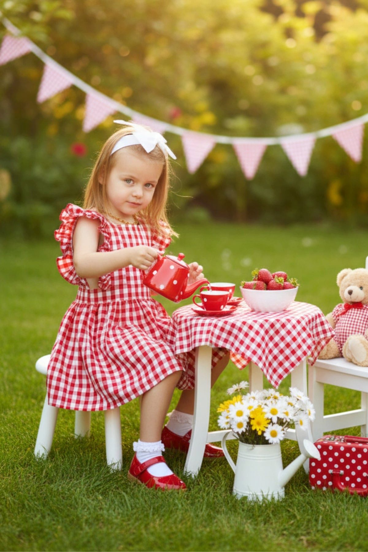 Parla Kids Kleid & Haarband Kleid Violetta - Plaid Muster in rot-weiß, Rüschensaum und Haarband