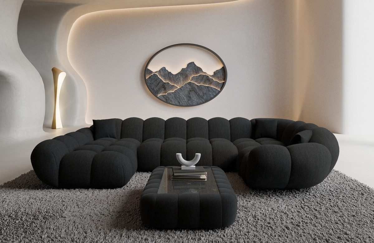 Sofa Dreams Wohnlandschaft Maleron U Form Design Stoffsofa, 6-Sitzer, Polsterecke, Ottomane links, Strukturstoff Schwarz