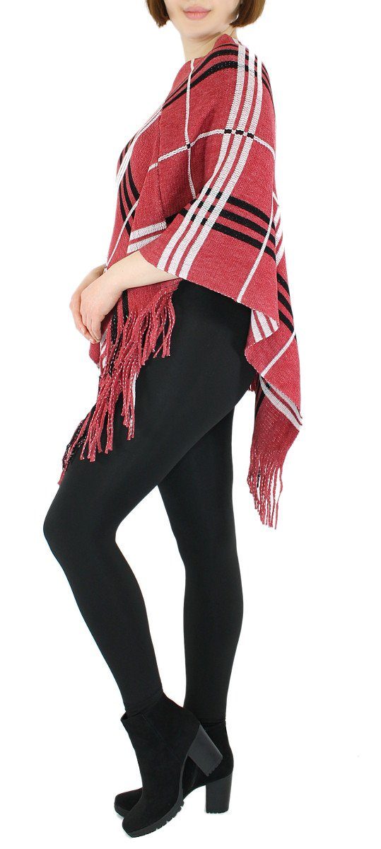 dy_mode Strickponcho Damen Strick Poncho Kariert Fransenponcho Überwurf Cape Pullover in Karo Muster, mit Fransen