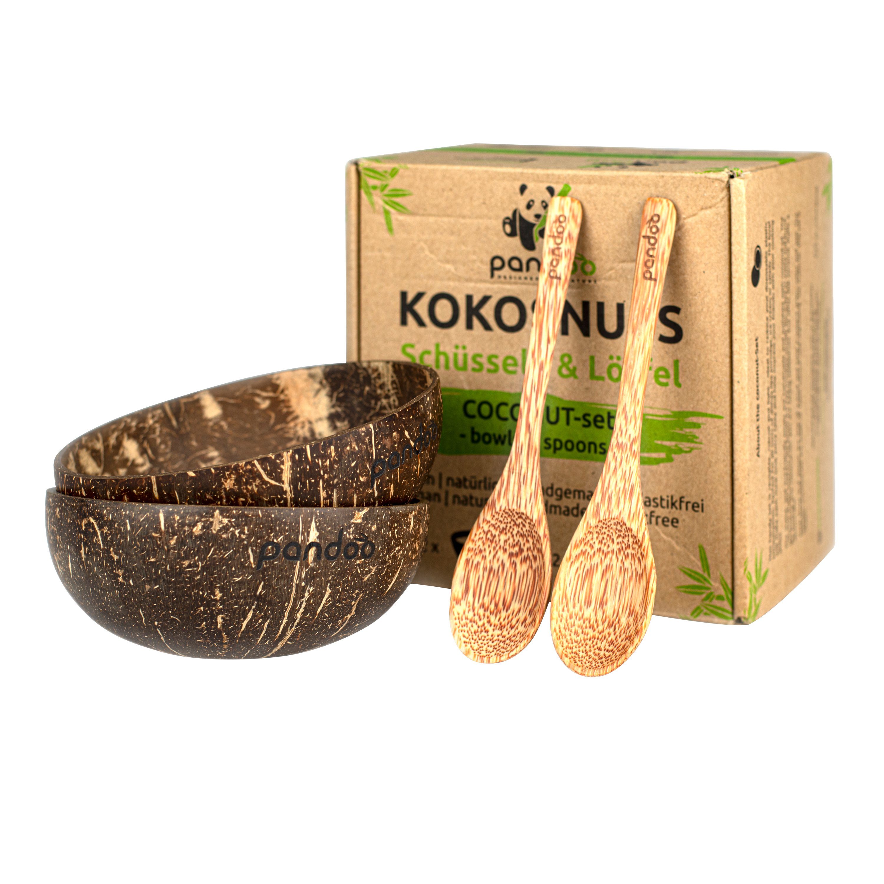 pandoo Schüssel Kokosnuss-Set, 2 Schüsseln und 2 Löffel, 100% Kokosnuss, (Set), Jede Schüssel ein Unikat, inklusive 2 passender Kokosnuss-Löffel