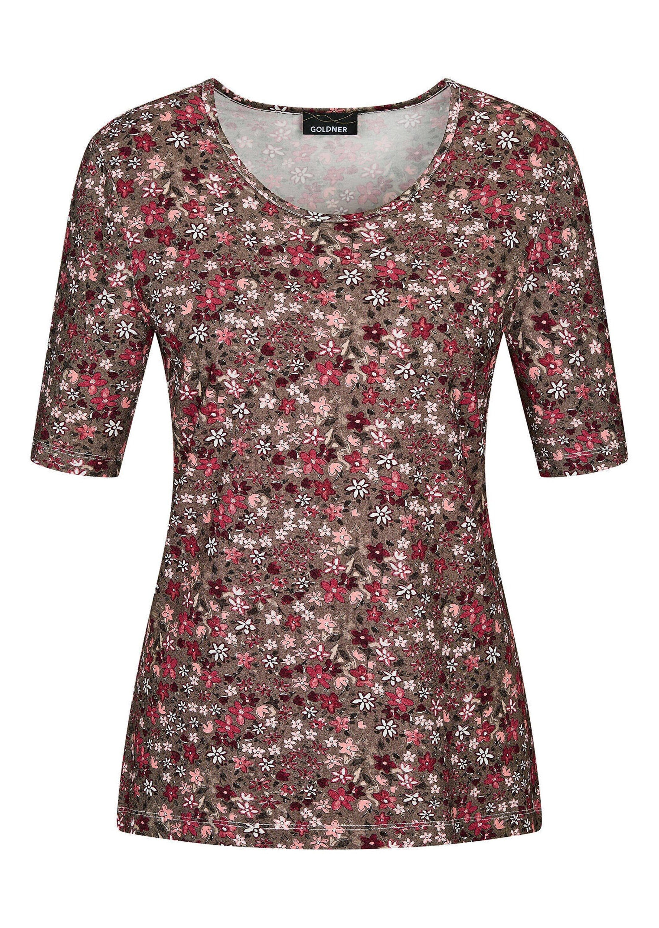 T-Shirt Kurzgröße: Halbarm Blusenshirt mit Blumenmuster