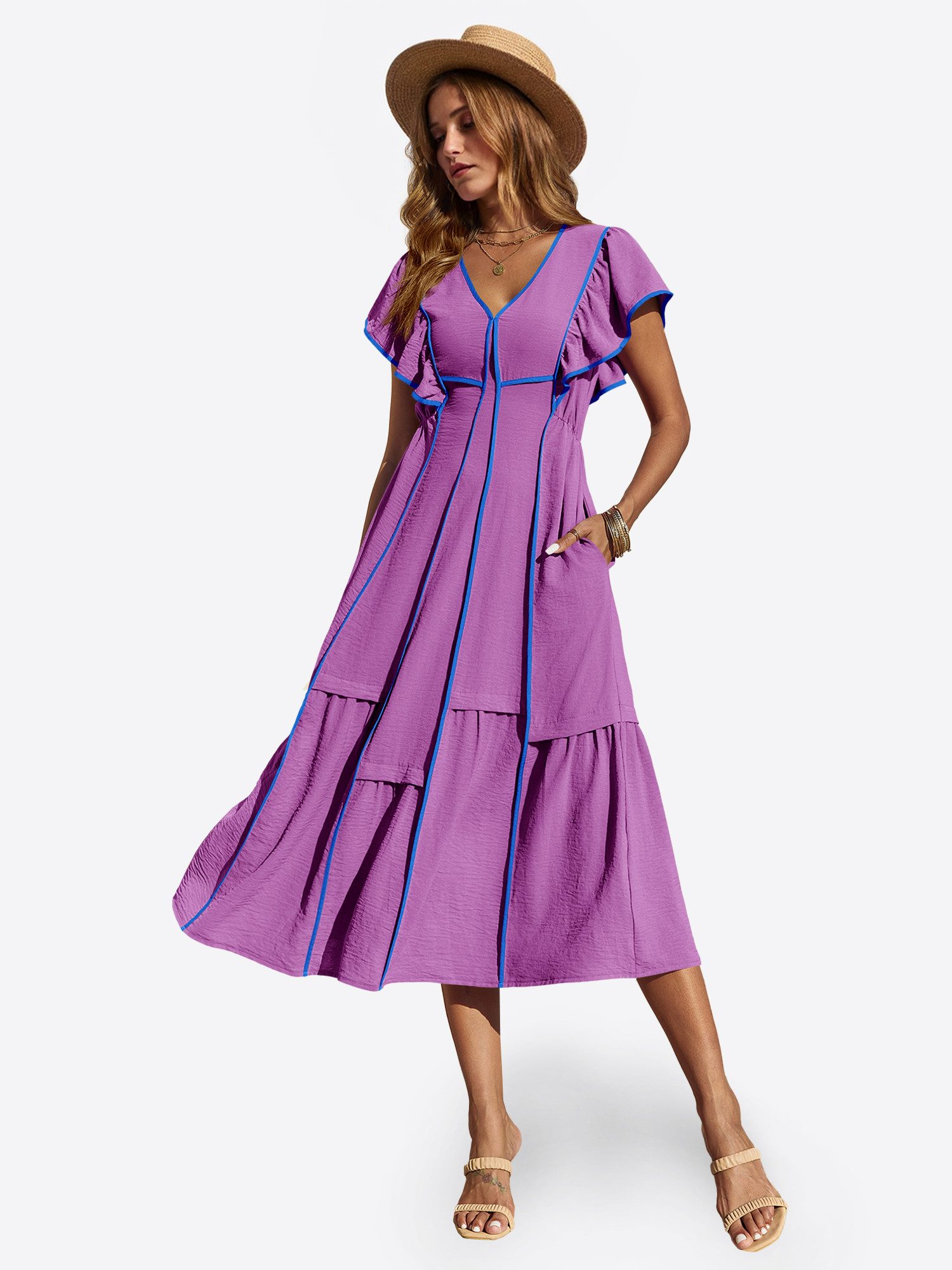 Imily Bela Maxikleid Damen Langkleid mit Rüschen im fließenden Stil (Packung, 1-tlg., 1per-Pack) kontrastfarben