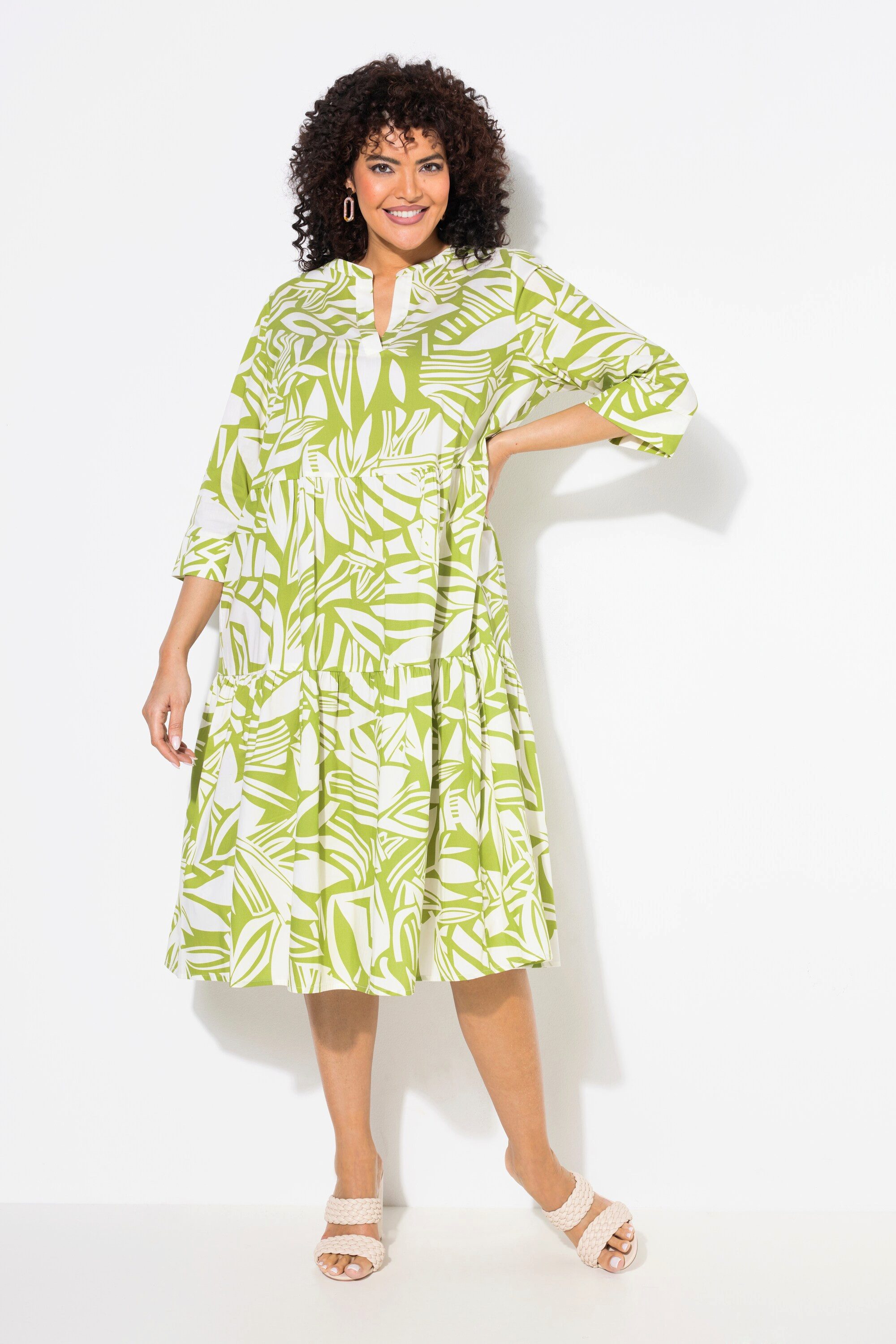 Ulla Popken Midikleid Midikleid Blätter Volants Tunika-Ausschnitt günstig online kaufen