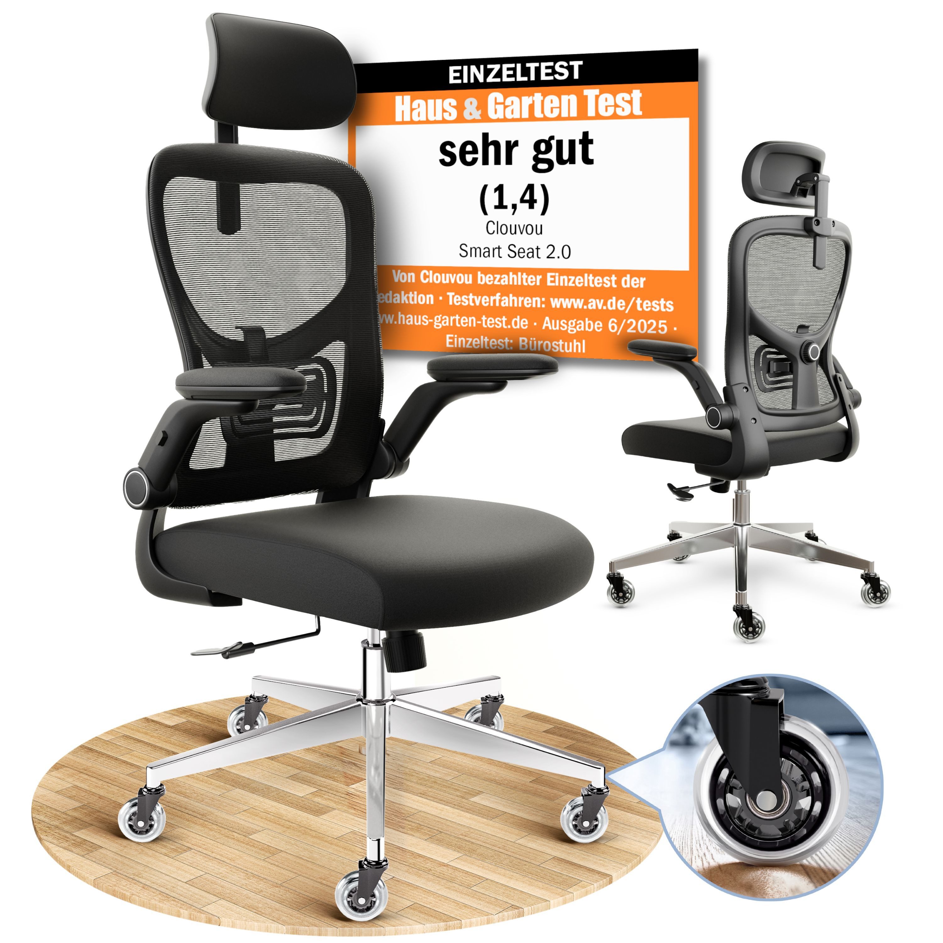 CLOUVOU Bürostuhl Ergonomisch, Schreibtischstuhl bis 150 kg - Testsieger (SmartSeat - Chefsessel für Arbeitszimmer, 3D-Kopfstütze & Flip-Up Armlehnen), Blade Wheels, Homeoffice, Gaming Stuhl, Drehstuhl