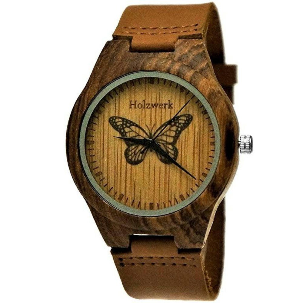 Holzwerk Quarzuhr MONARCH Damen Leder & Holz Armband Uhr, Schmetterling Mus günstig online kaufen