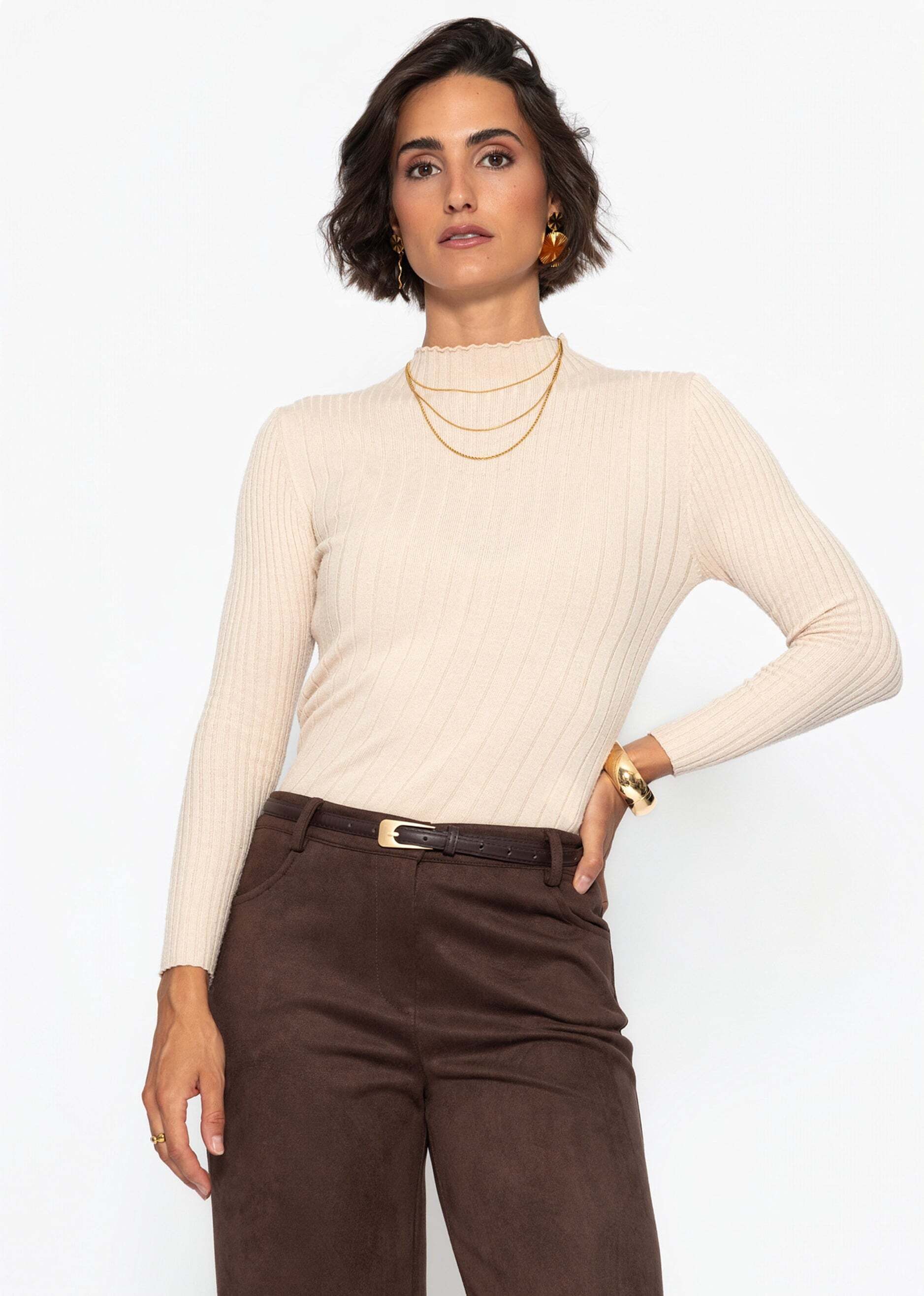 SASSYCLASSY Langarmshirt Oberteil mit Stehkragen für Damen weiches zeitloses Langarmshirt in Beige