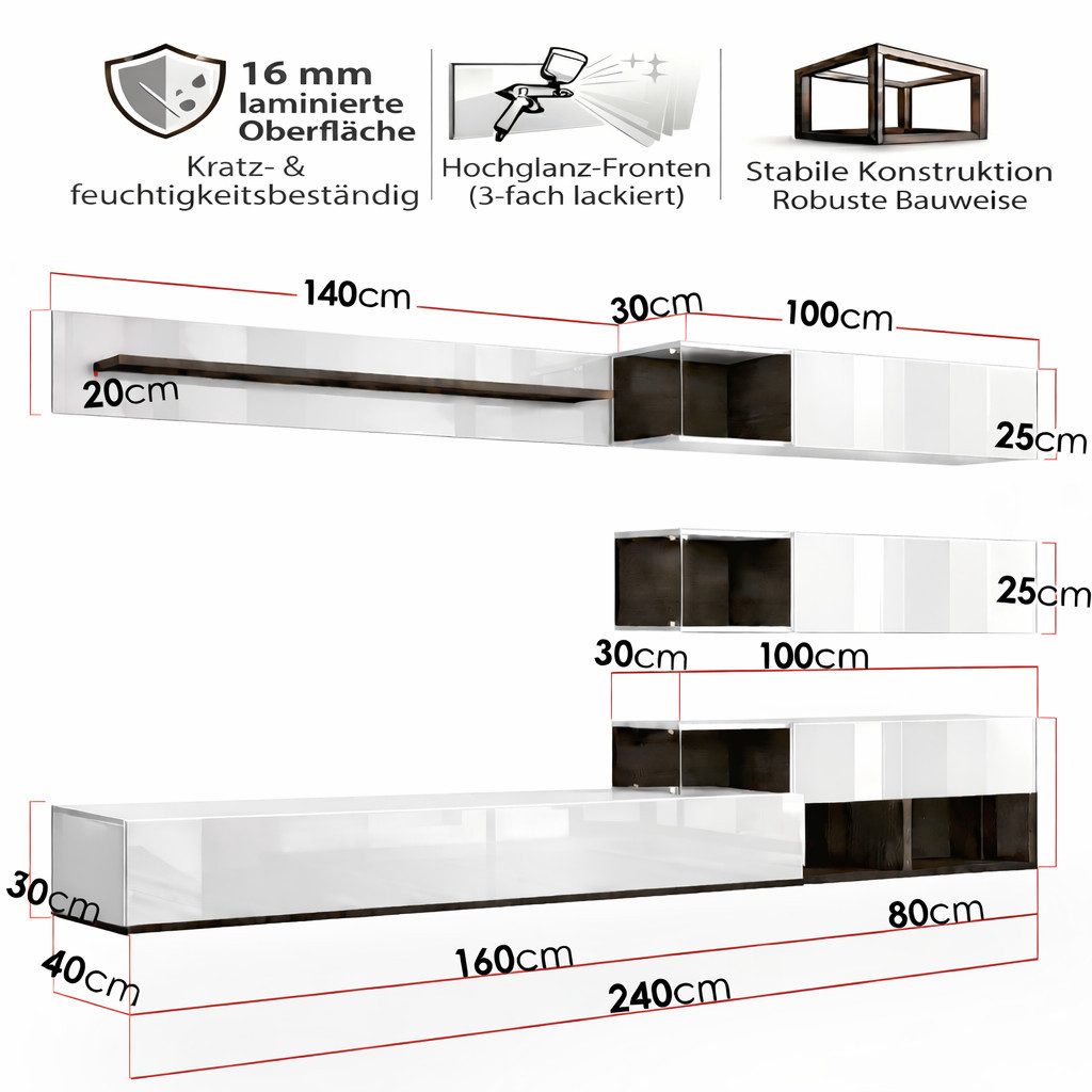 OTTO home Wohnzimmer-Set Lego Anbauwand, Wohnkombination, Wohnzimmer-Set, (4-St), UV Hochglanz-Weiß Lack oder Anthrazit matt, grifflos, Push-to-open.
