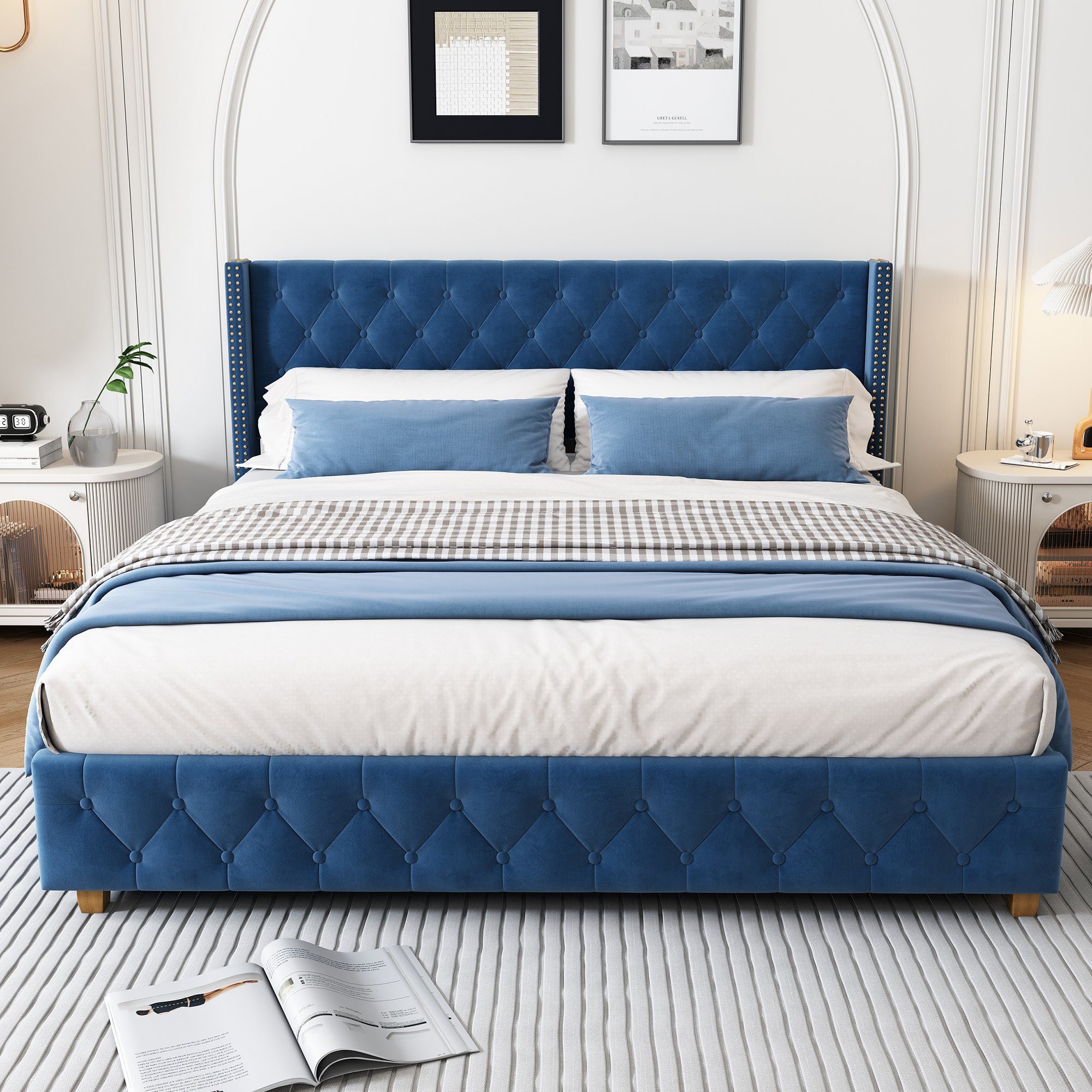Flieks Polsterbett, Massivholz Doppelbett 160x200cm mit Lattenrost und Polster-Kopfteil