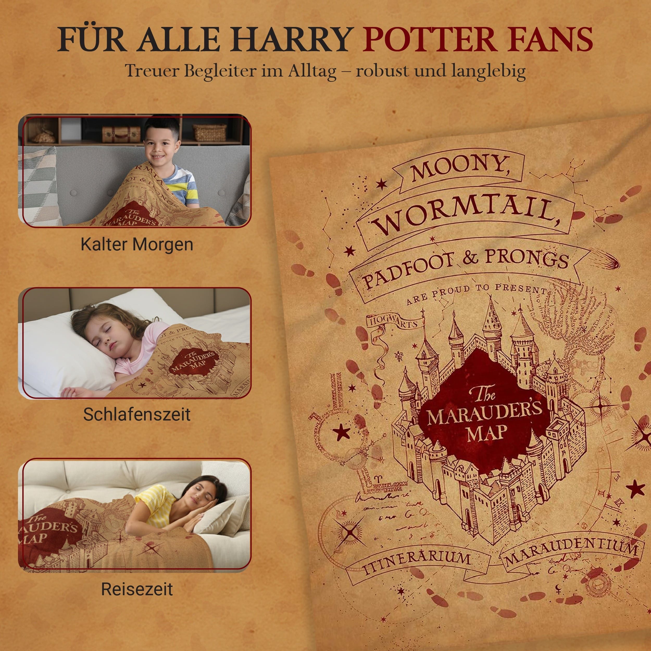 Kinderdecke Harry Potter mit "Karte des Rumtreibers", XL Tagesdecke 150 x 200 cm, Familando, mit Namen und der Karte des Rumtreibers