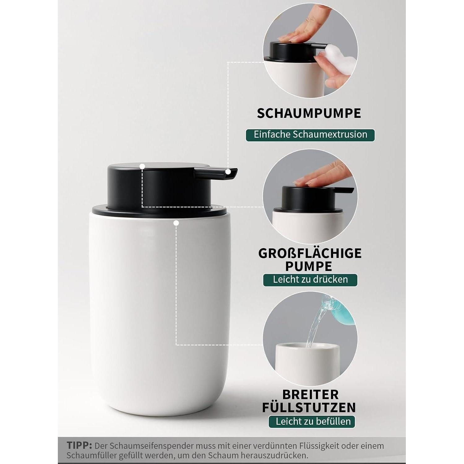 LuxusKollektion Seifenspender Seifenspender Keramik 350ml mit Zahnbürstenhalter Weiß