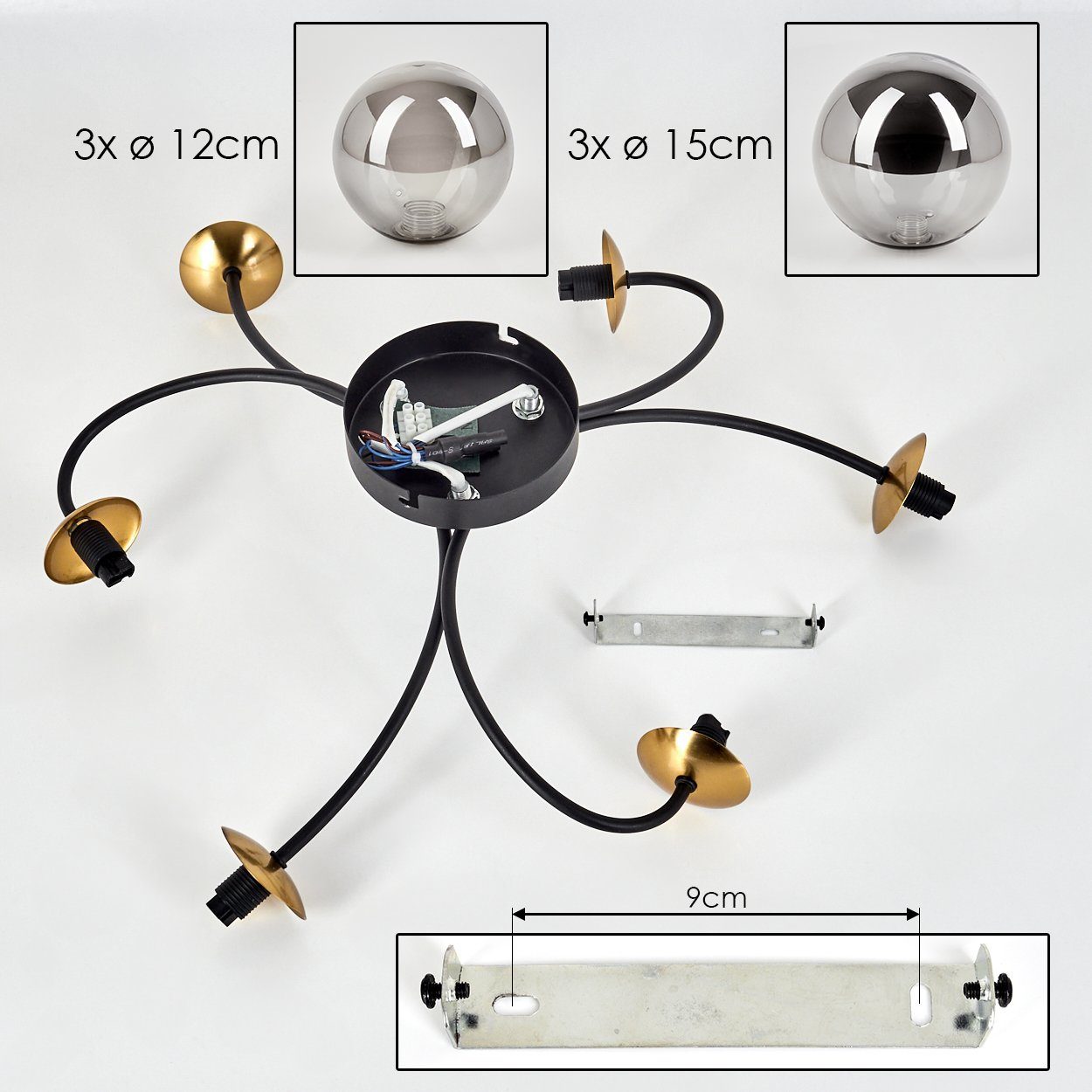 hofstein Deckenleuchte Deckenlampe aus Metall/Glas in Schwarz/Goldfarben/Rauchfarben, ohne Leuchtmittel, Leuchte im Retro-Design aus Glas, 6 x G9 LED, ohne Leuc – Bild 5 von 5