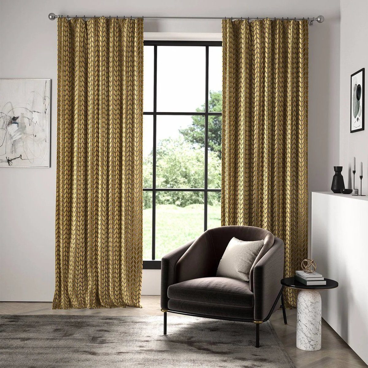 Thumbnail - Stofferia Stoff Polsterstoff Samt Jacquard Perplex Ochre, Breite 131 cm, Meterware