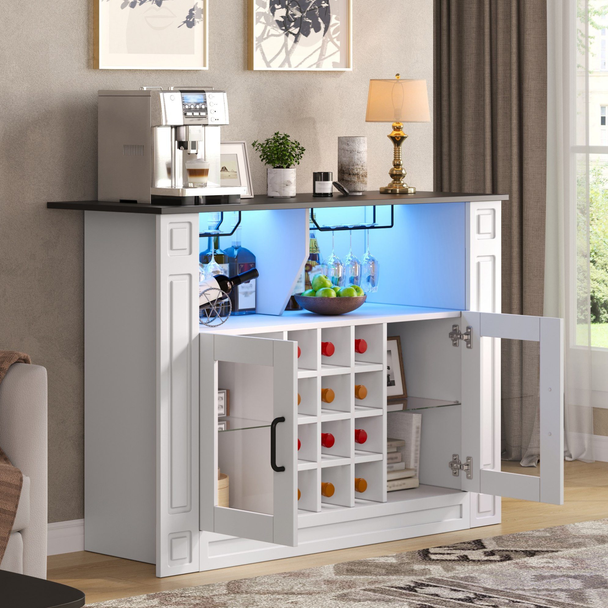 OKWISH Weinschrank Getränkeschrank mit LED Beleuchtung und Weinregal 120×35×84 cm (Packung, 1-St., Aufbewahrungsschrank für Wein Küche Wohnzimmer Esszimmer) Barschrank Küche mit Glashaltern und herausnehmbaren Fächern