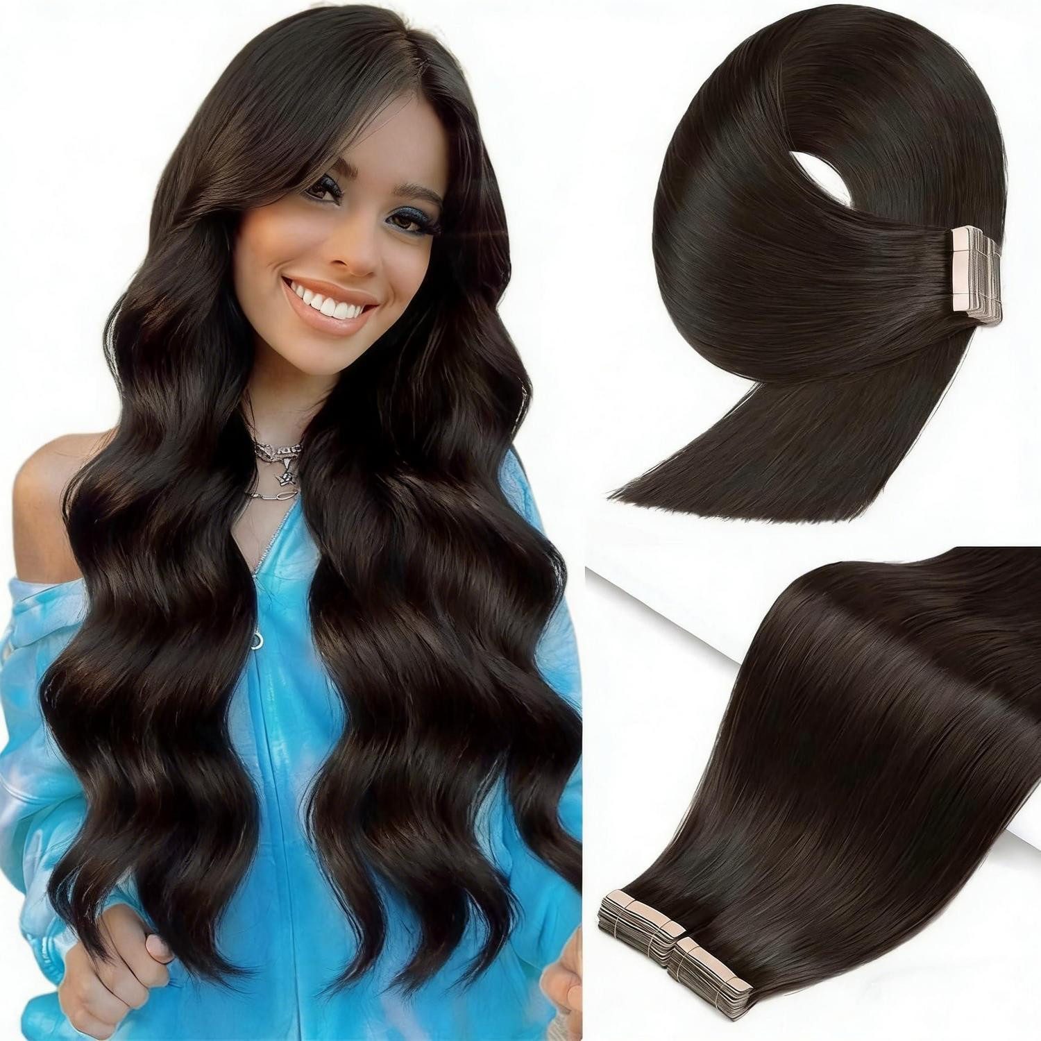 Echthaar-Extension Tape Extensions Echthaar Remy Schwarz 40cm 20pcs 1B# 16inch(40cm)-20pc