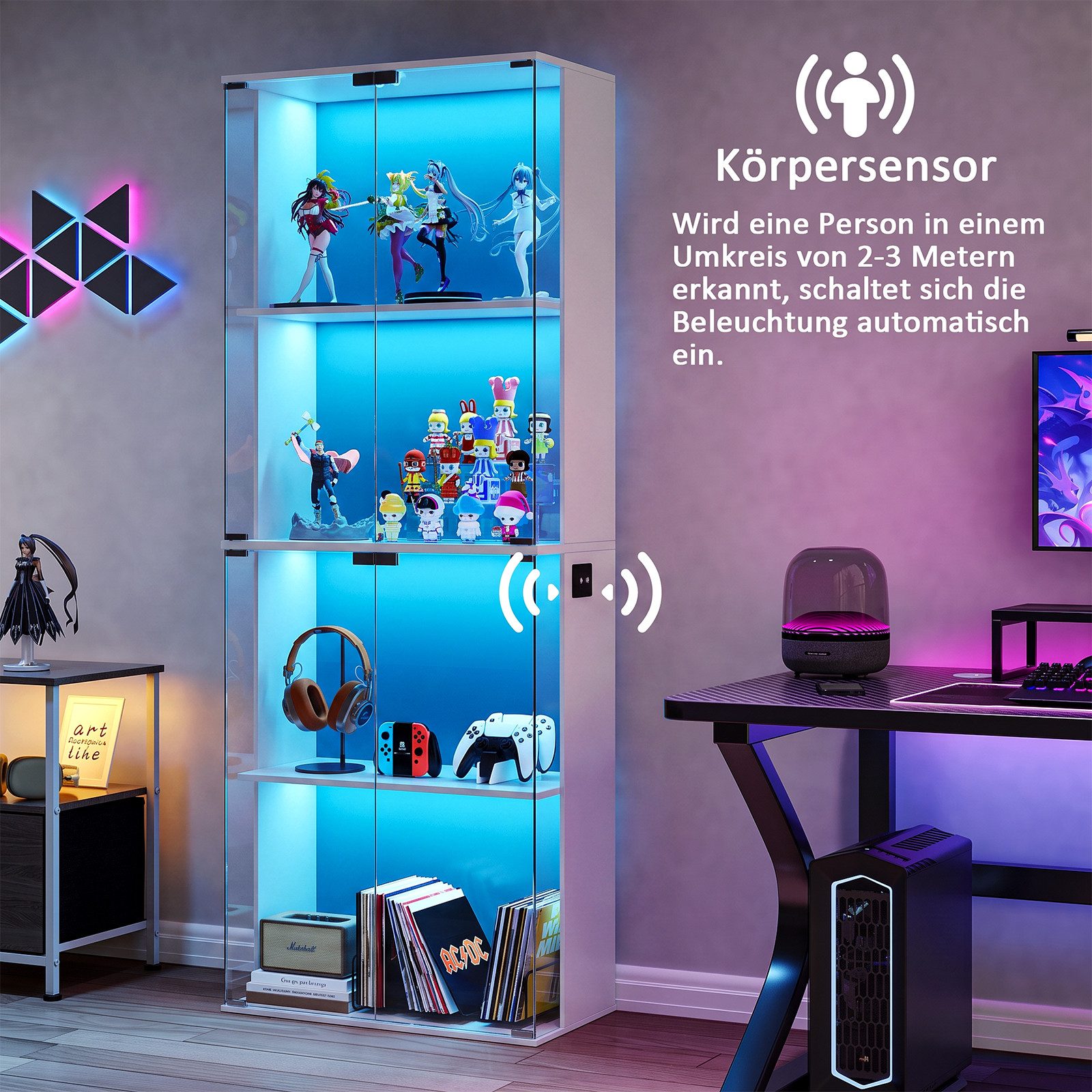 SVEYLXA Vitrine Moderne Vitrine mit LED Beleuchtung, 160 cm Hochschrank mit Glastüren (1-St) 4 Ebenen, Schwarz/Weiß – Bild 5 von 5