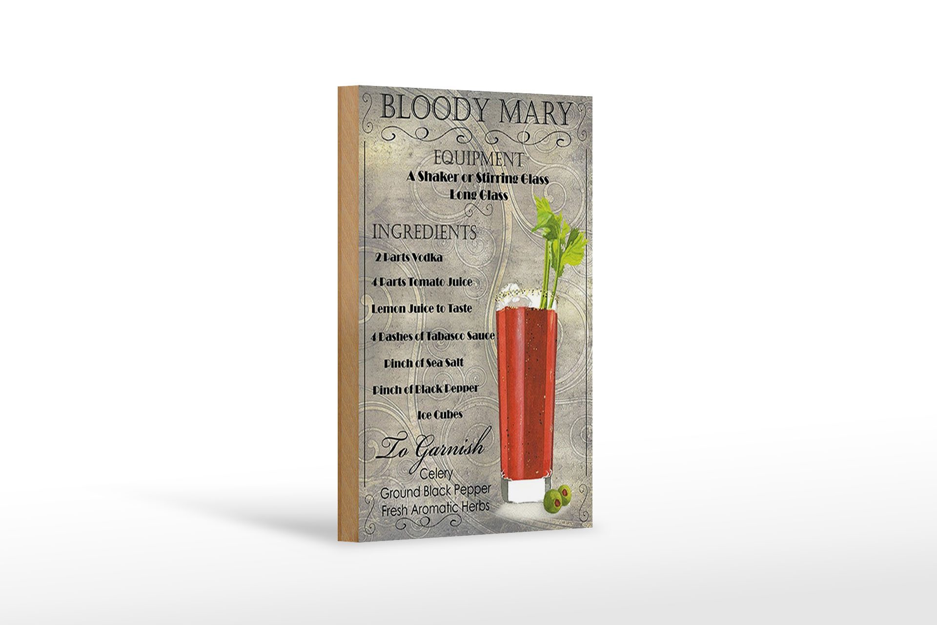 Holzbild 12x18cm bloody mary Cocktail ingredient