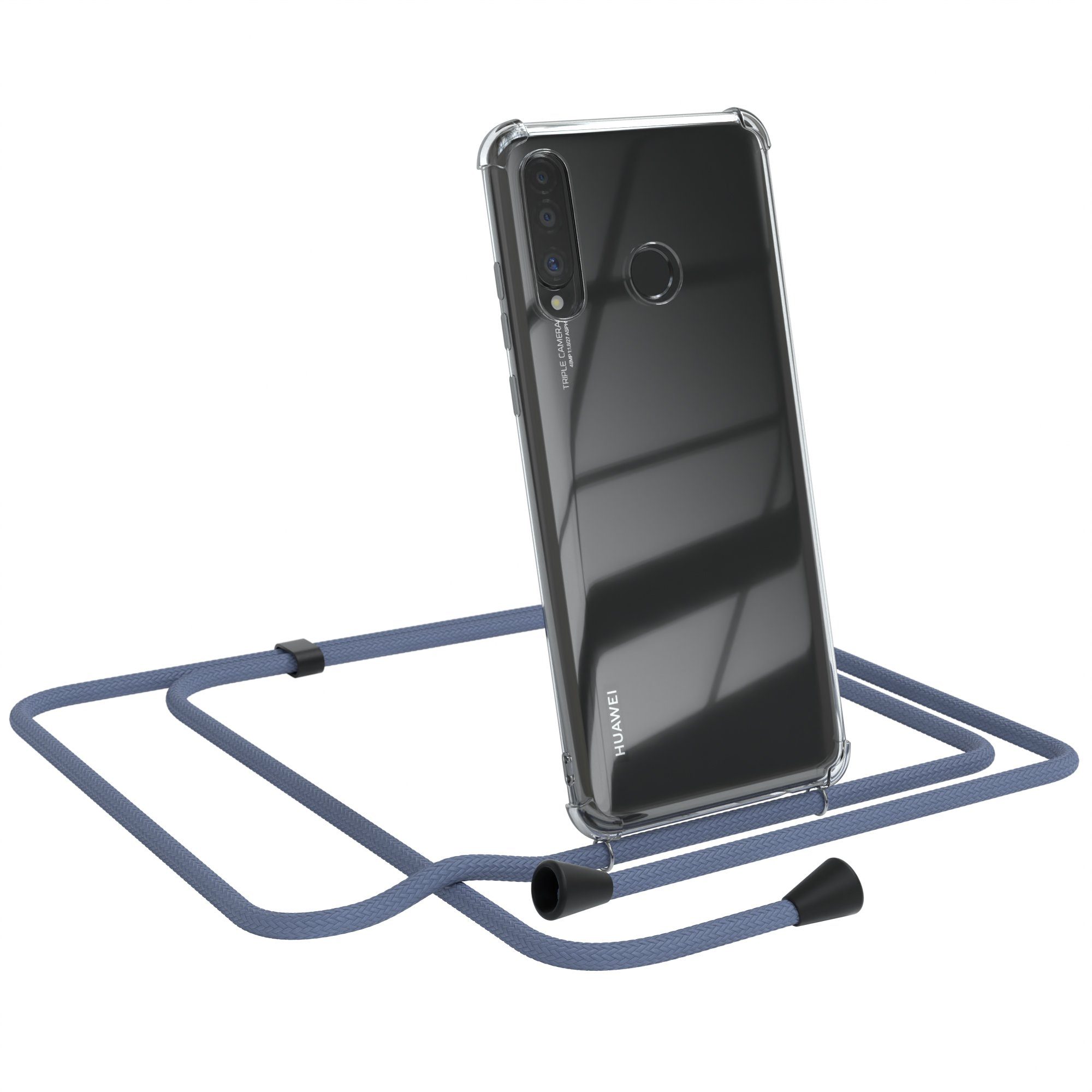 EAZY CASE Handykette Kette Clips Schwarz für Huawei P30 Lite 6,15 Zoll, Silikonhülle Transparent Handyhülle mit Kordel Kette zum Umhängen Blau